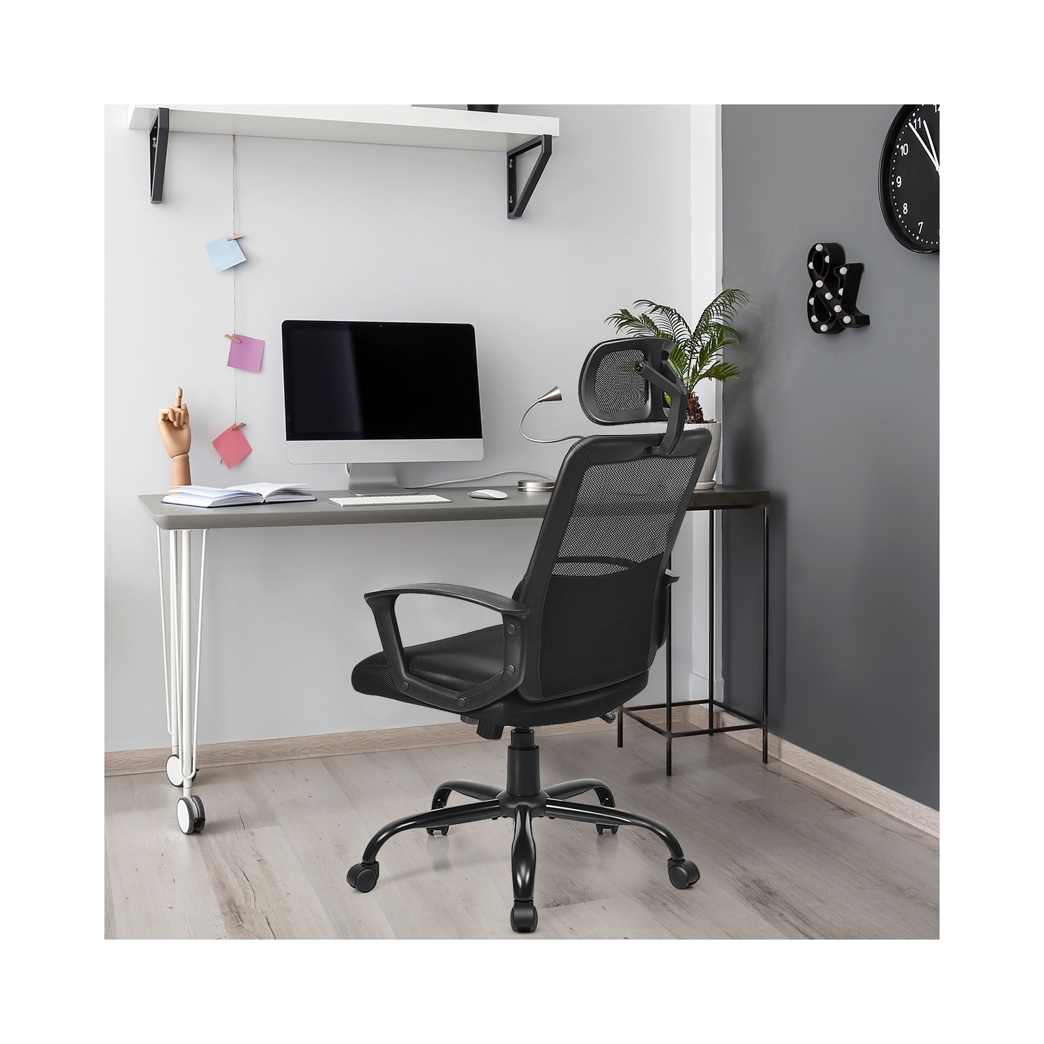 Fauteuil de bureau ergonomique pivotant en filet avec dossier haut de Costway, soutien lombaire et appuie-tête
