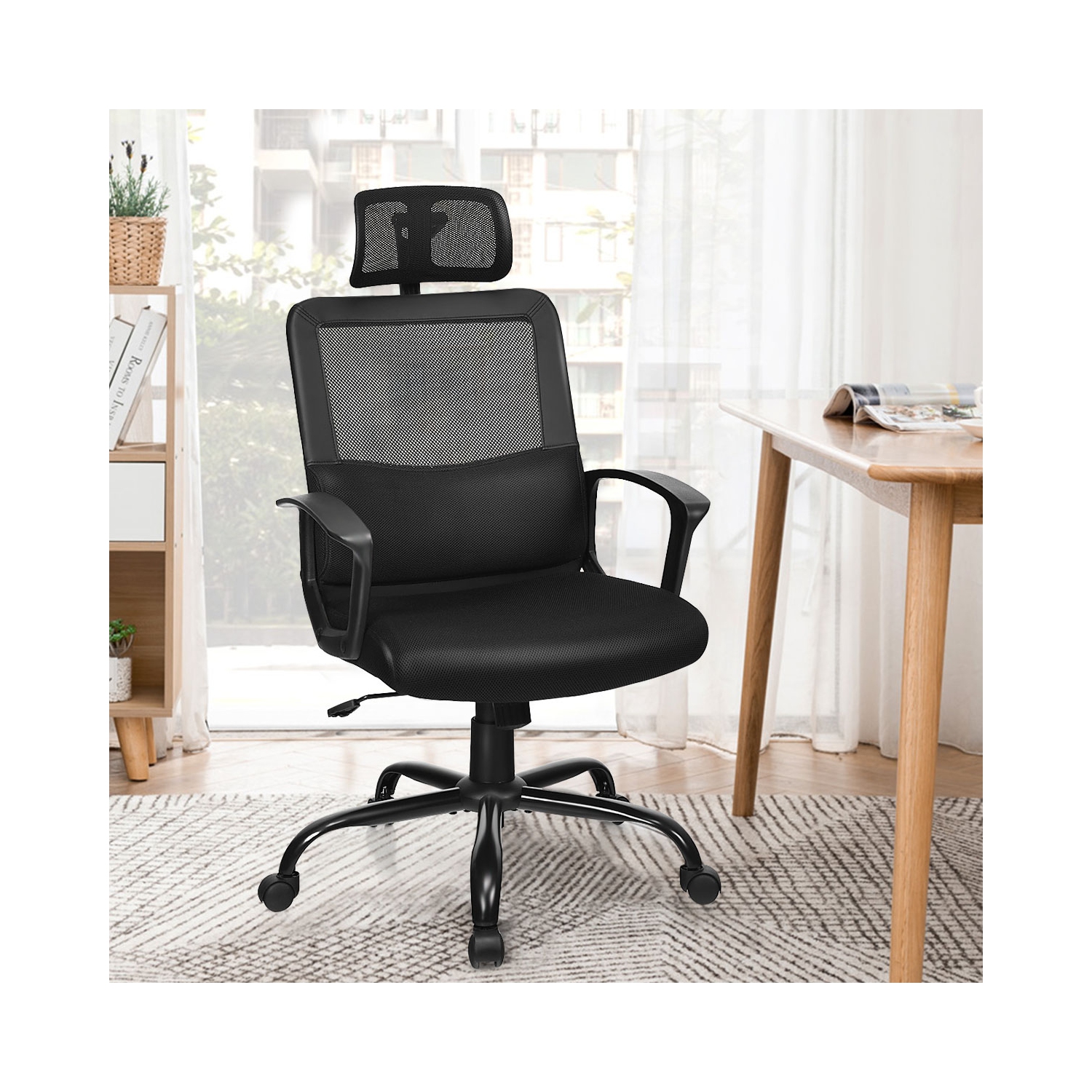 Fauteuil de bureau ergonomique pivotant en filet avec dossier haut de Costway, soutien lombaire et appuie-tête