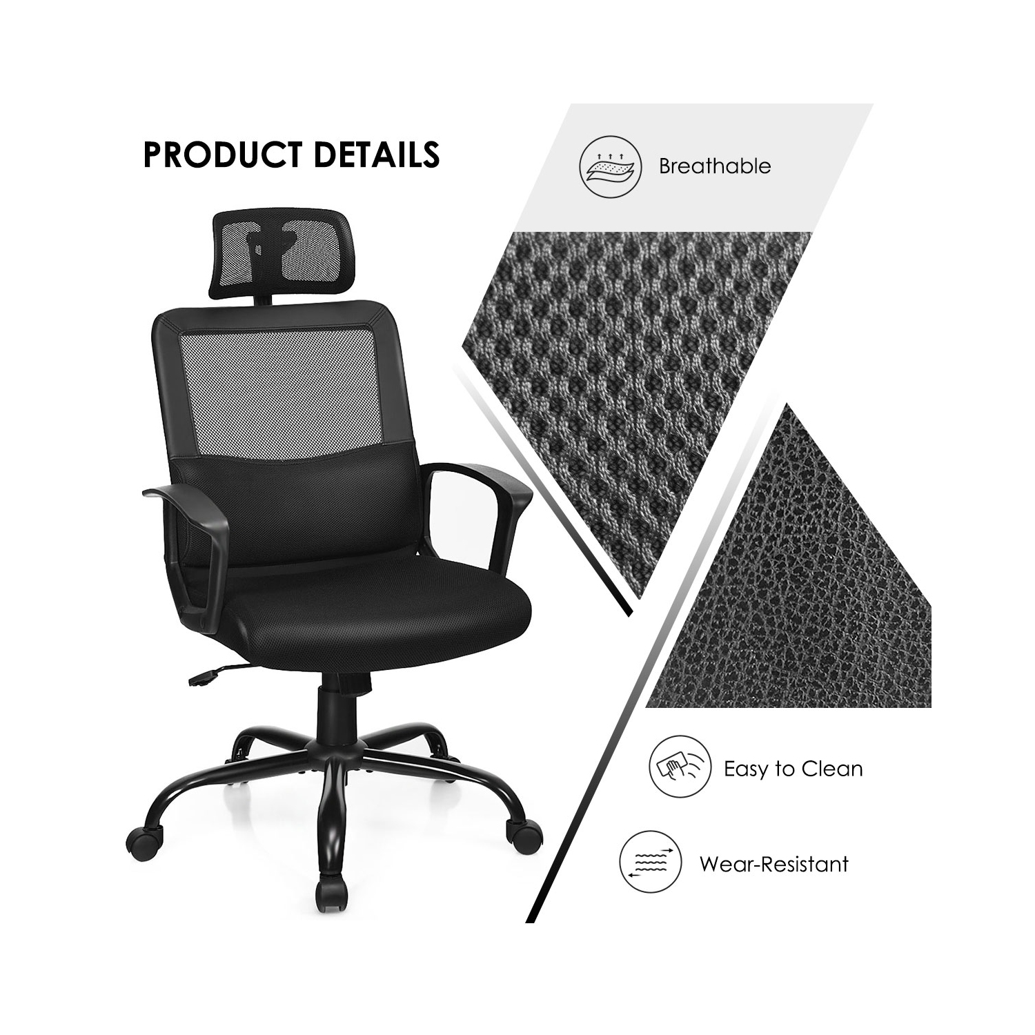 Fauteuil de bureau ergonomique pivotant en filet avec dossier haut de Costway, soutien lombaire et appuie-tête