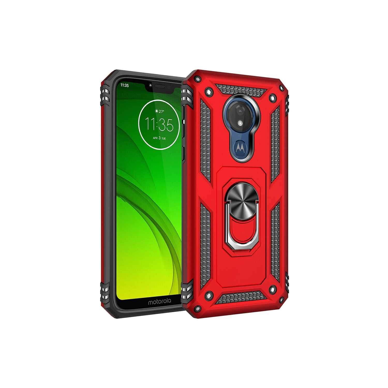 【CSmart】 Anti-Drop Hybrid Magnetic Hard Armor Case with Ring Holder for Motorola Moto G7 Play, Red