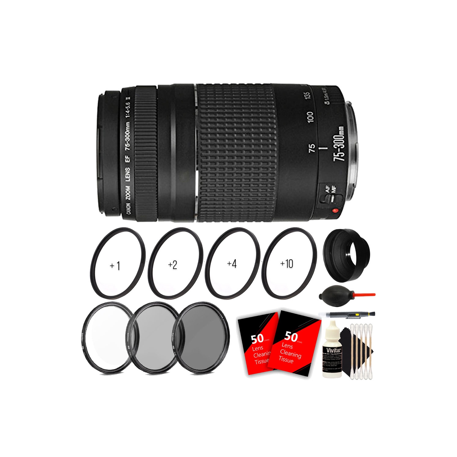Canon EF 75-300mm f4-5.6 III Lens for EOS Rebel 70D 60D T5 T6i T3i Accessory Kit