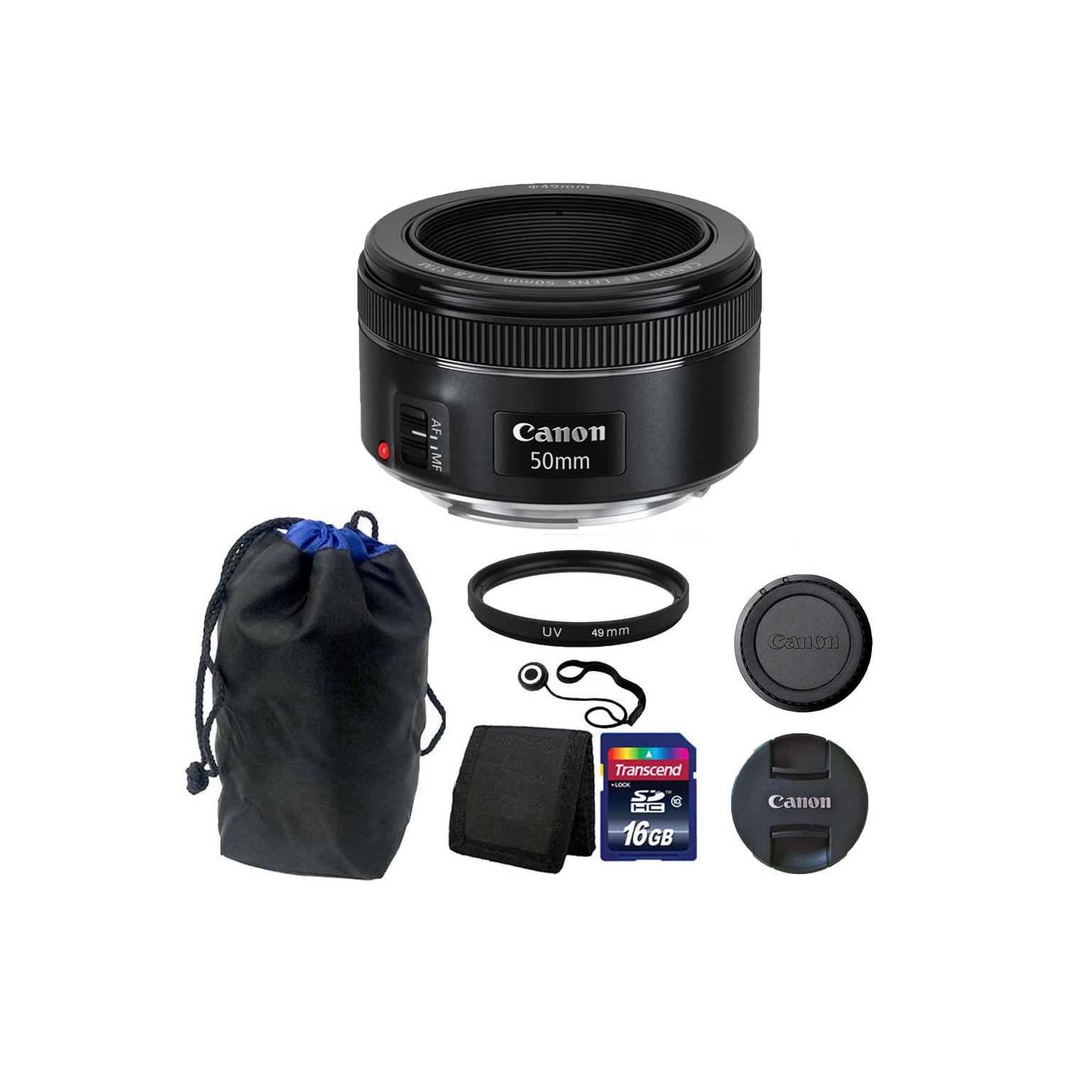 Canon EF 50mm f/1.8 STM Lens with Pouch + 16GB Top Accessories 