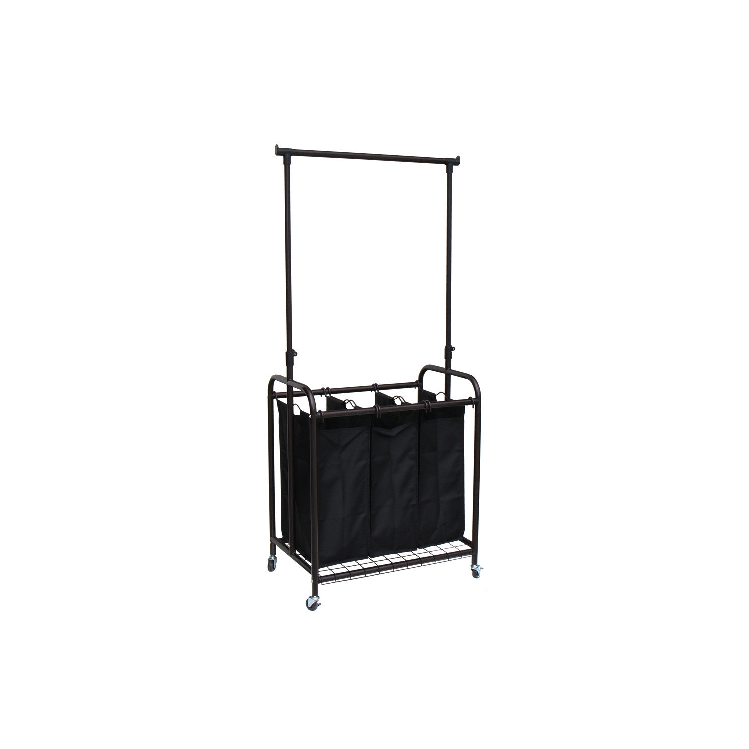Oceanstar 3-Bag Rolling Laundry Sorter with Adjustable Hanging Bar, Bronze