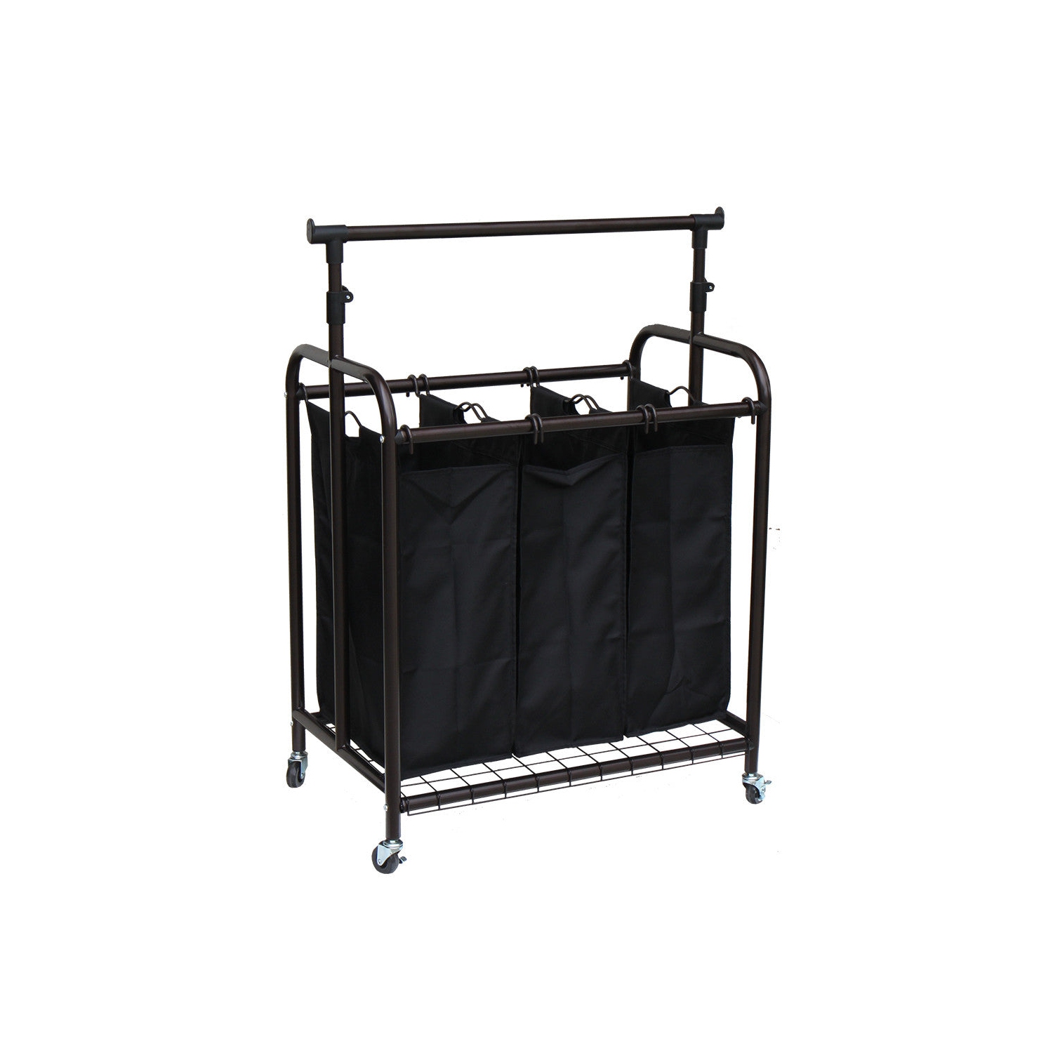 Oceanstar 3-Bag Rolling Laundry Sorter with Adjustable Hanging Bar, Bronze