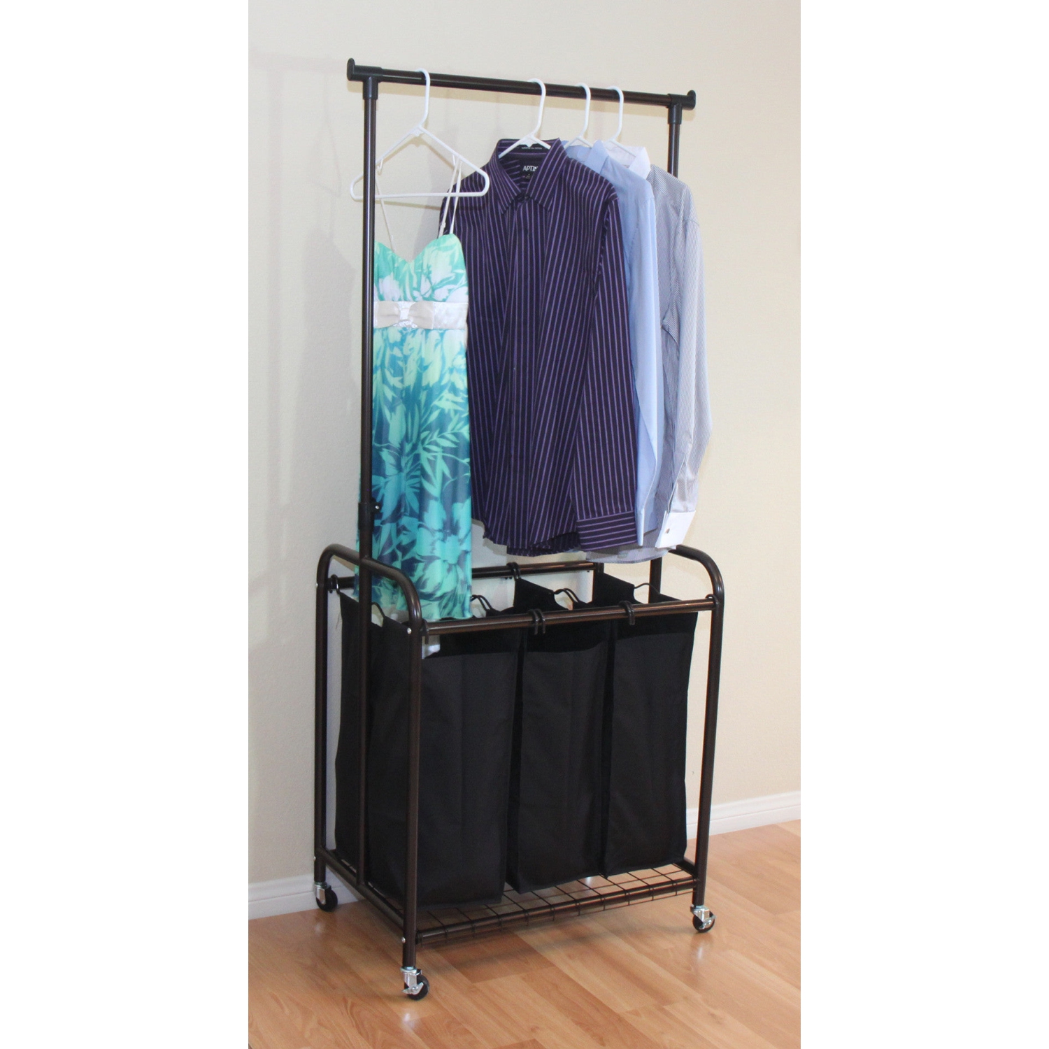Oceanstar 3-Bag Rolling Laundry Sorter with Adjustable Hanging Bar, Bronze