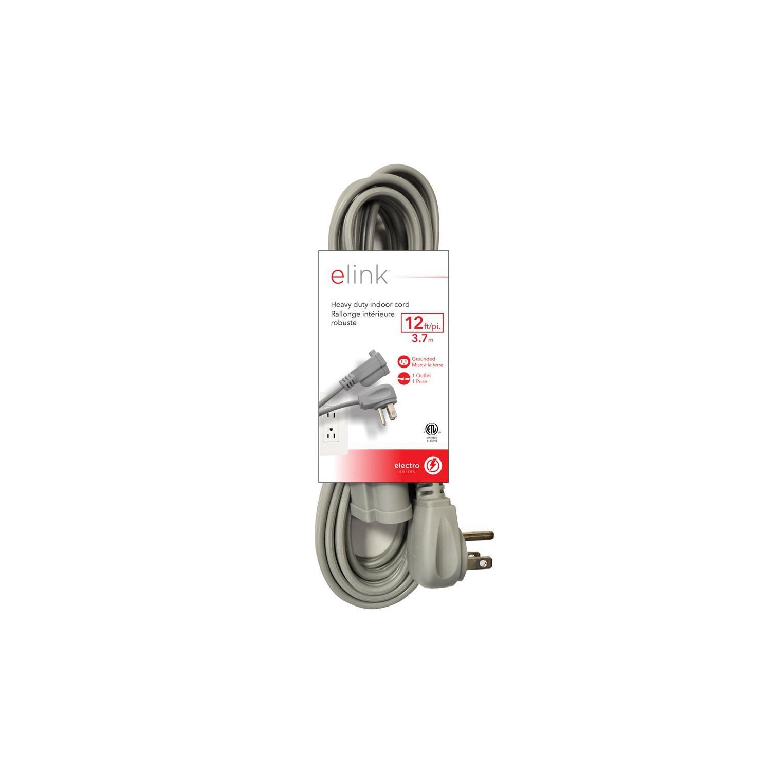 Elink EX-900 - Indoor Heavy Duty Extension Cord, 12 Feet, Grey