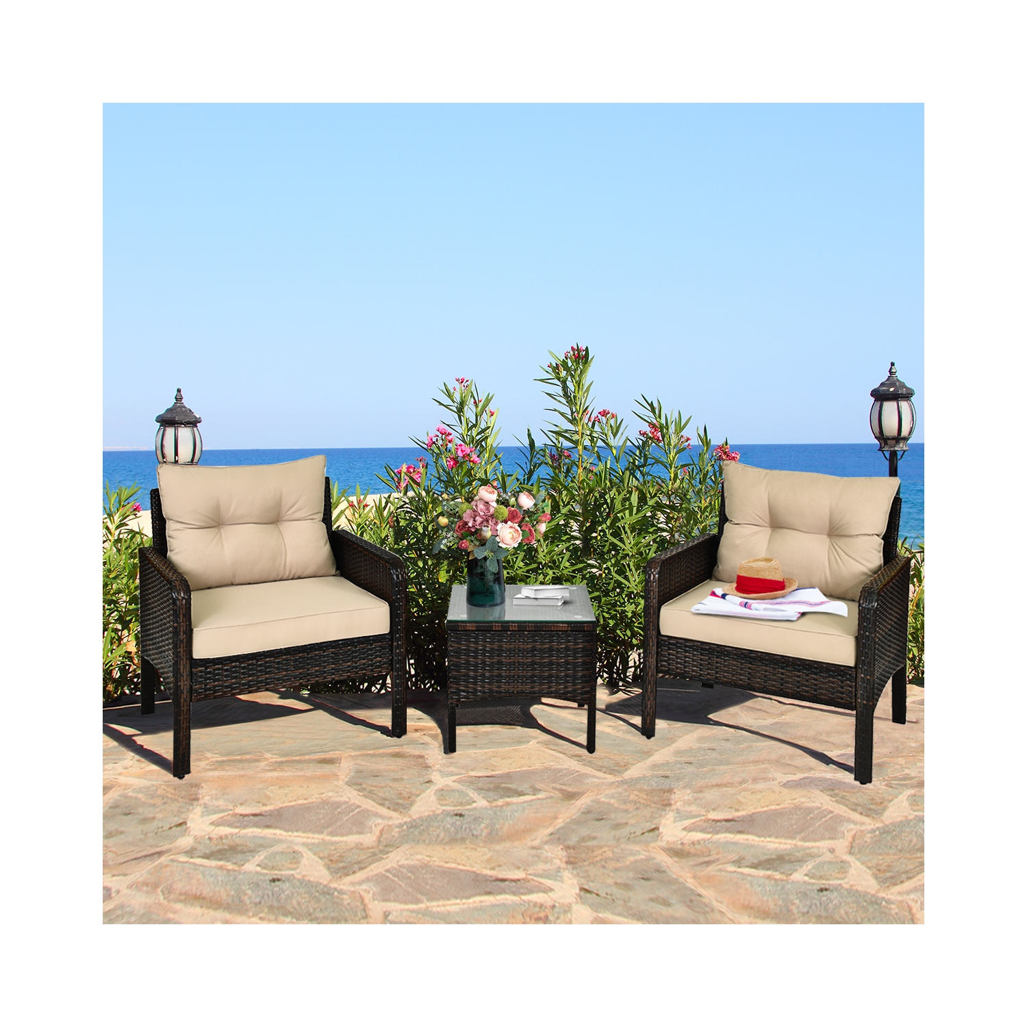 Gymax 3PCS Patio Outdoor Rattan Furniture Set w/ Cushioned Chairs Coffee Table