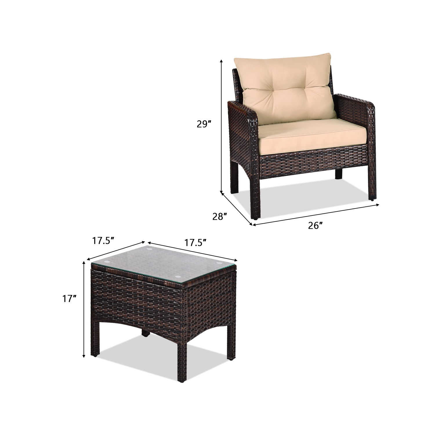 Gymax 3PCS Patio Outdoor Rattan Furniture Set w/ Cushioned Chairs Coffee Table