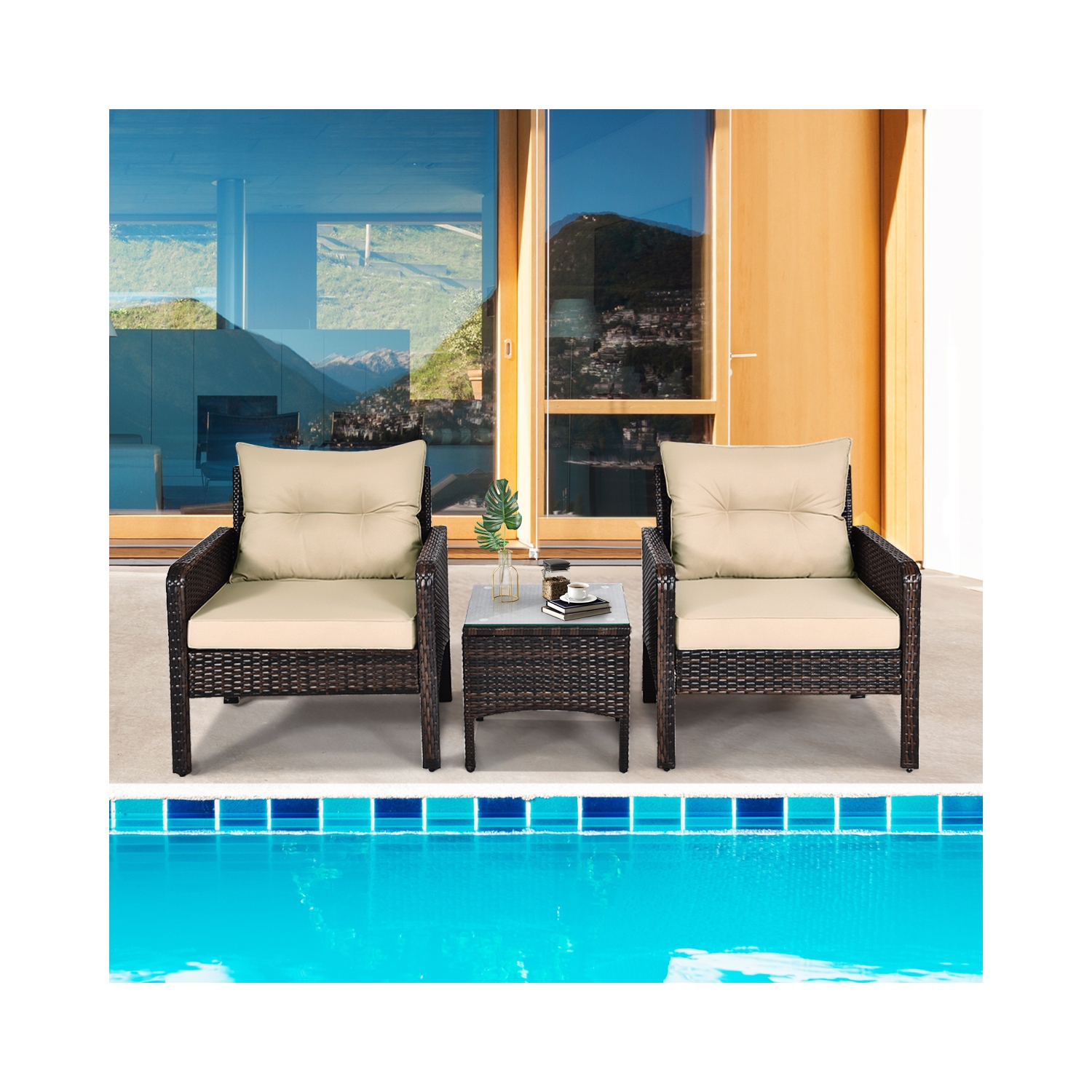 Gymax 3PCS Patio Outdoor Rattan Furniture Set w/ Cushioned Chairs Coffee Table