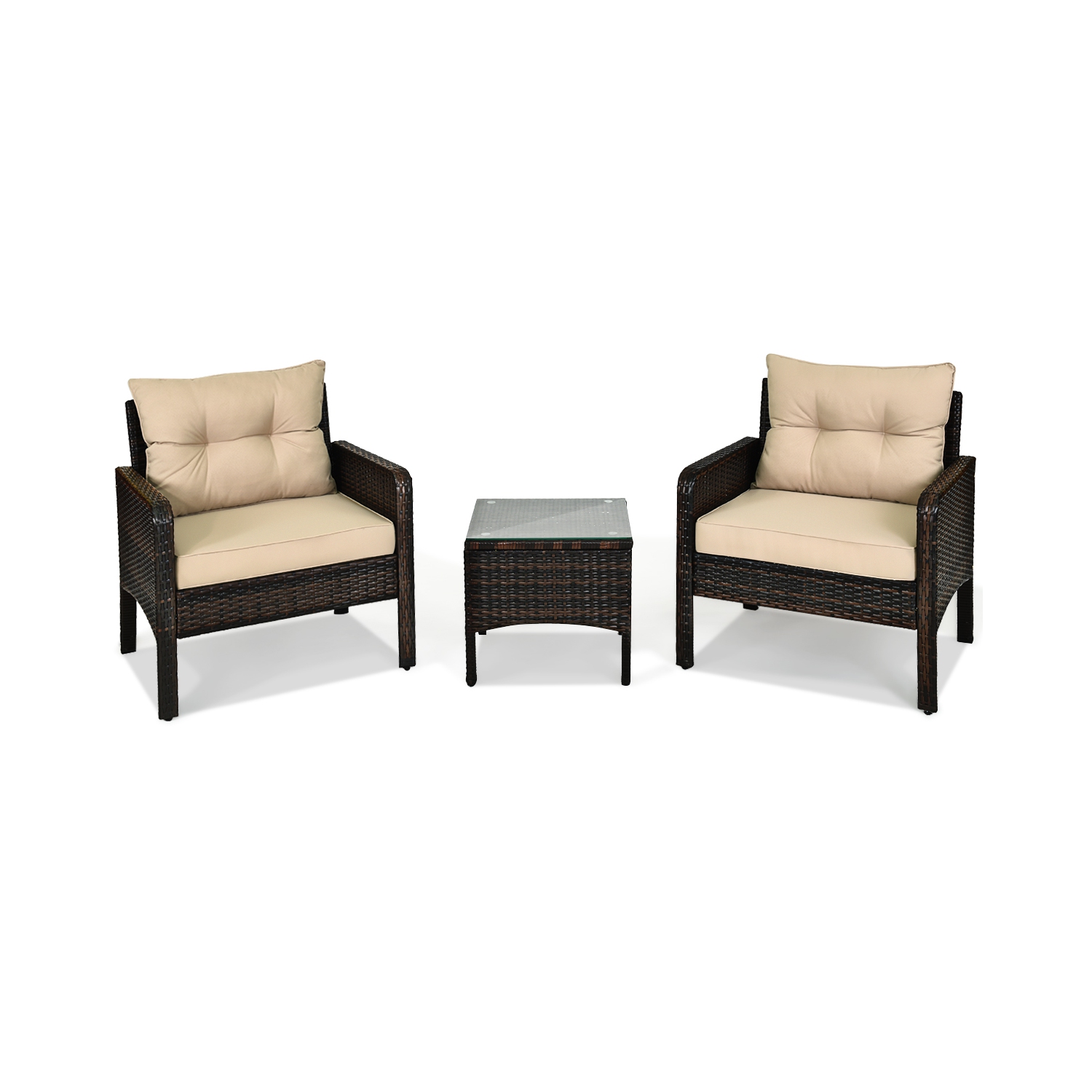 Gymax 3PCS Patio Outdoor Rattan Furniture Set w/ Cushioned Chairs Coffee Table