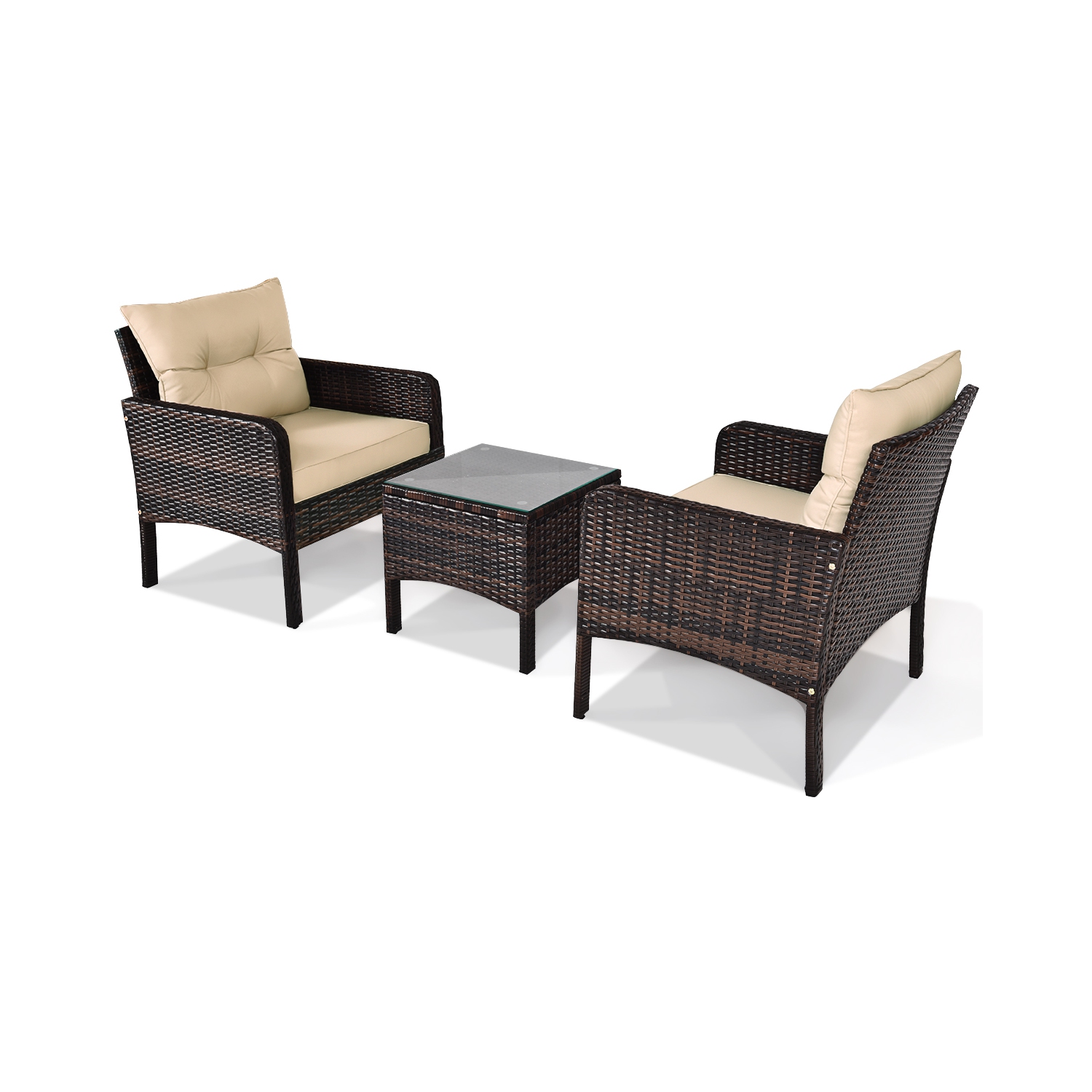Gymax 3PCS Patio Outdoor Rattan Furniture Set w/ Cushioned Chairs Coffee Table