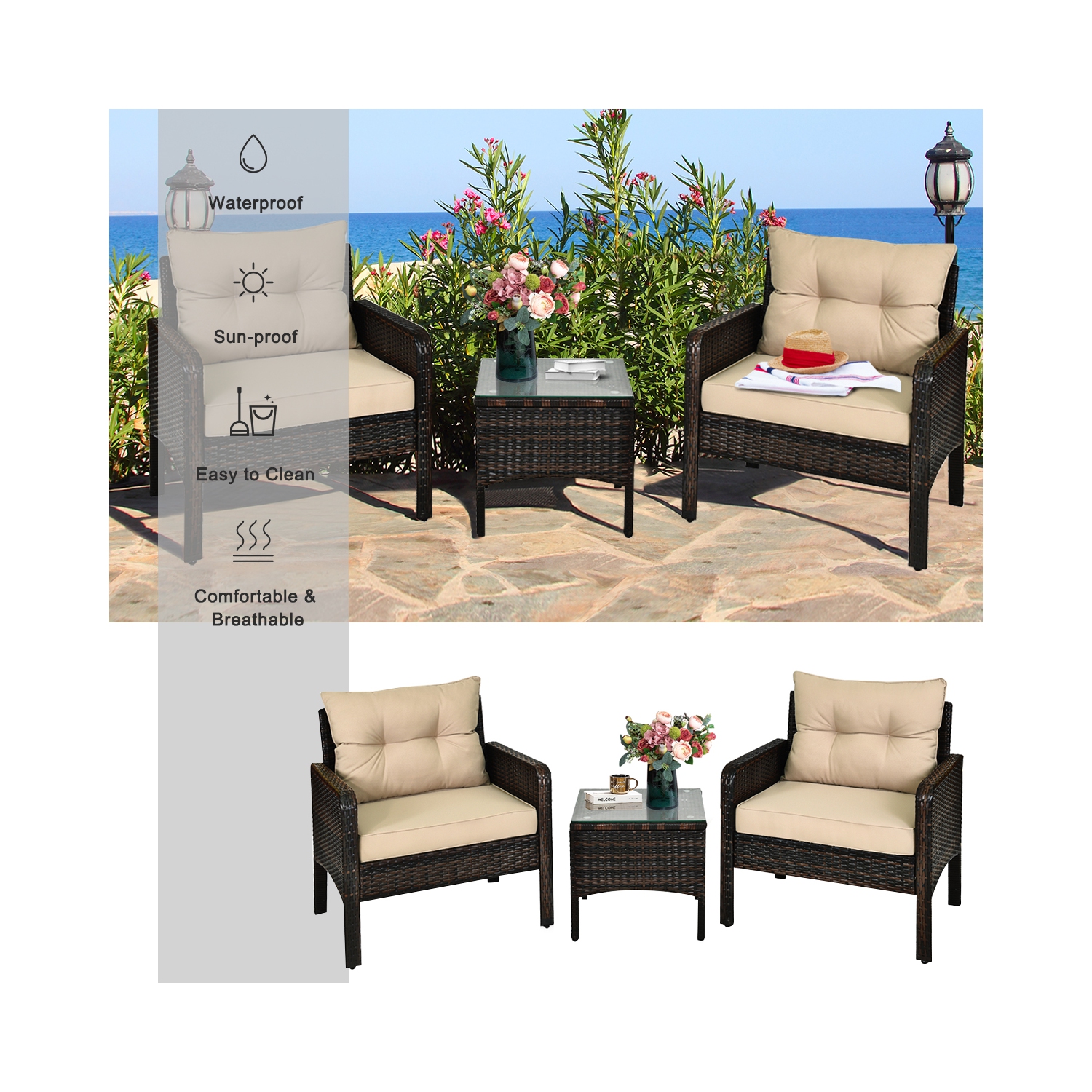 Gymax 3PCS Patio Outdoor Rattan Furniture Set w/ Cushioned Chairs Coffee Table