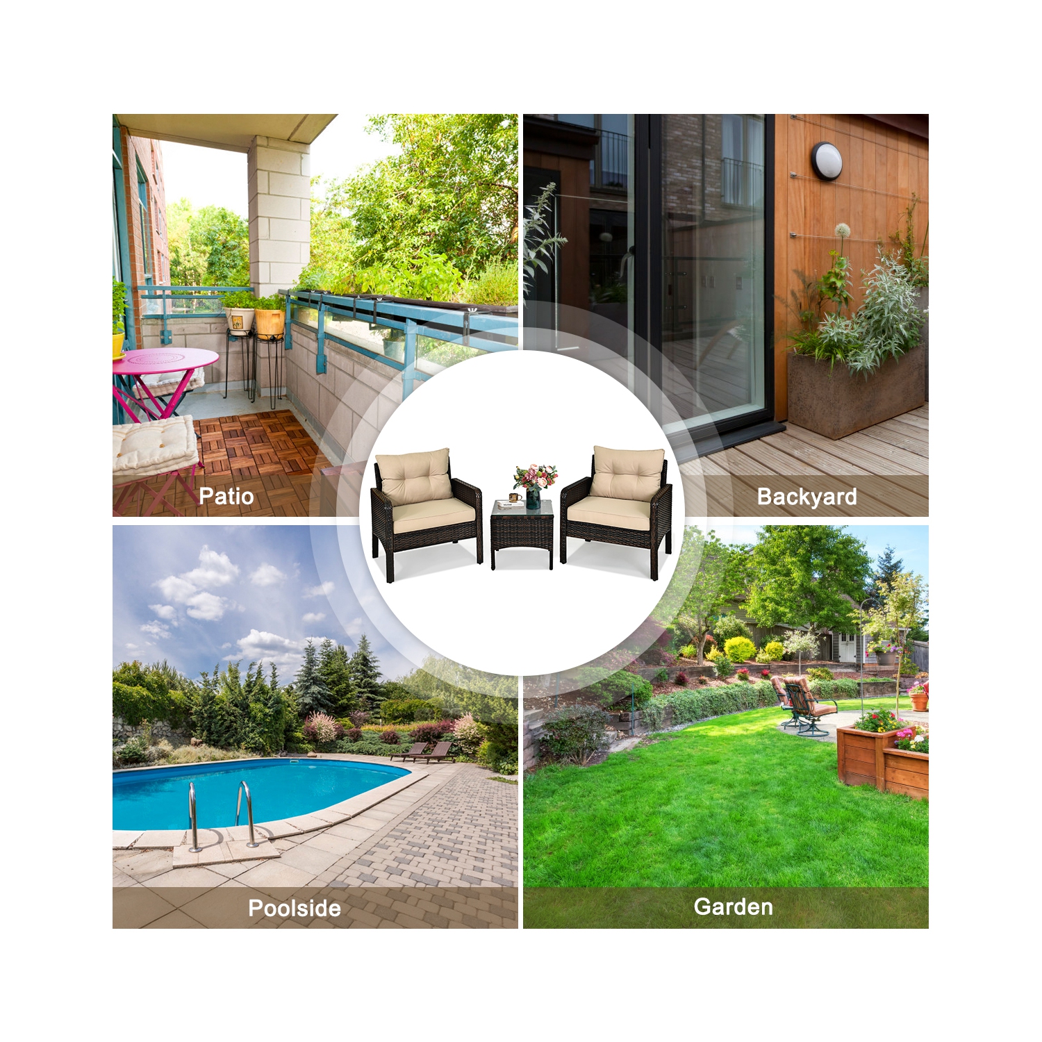 Gymax 3PCS Patio Outdoor Rattan Furniture Set w/ Cushioned Chairs Coffee Table