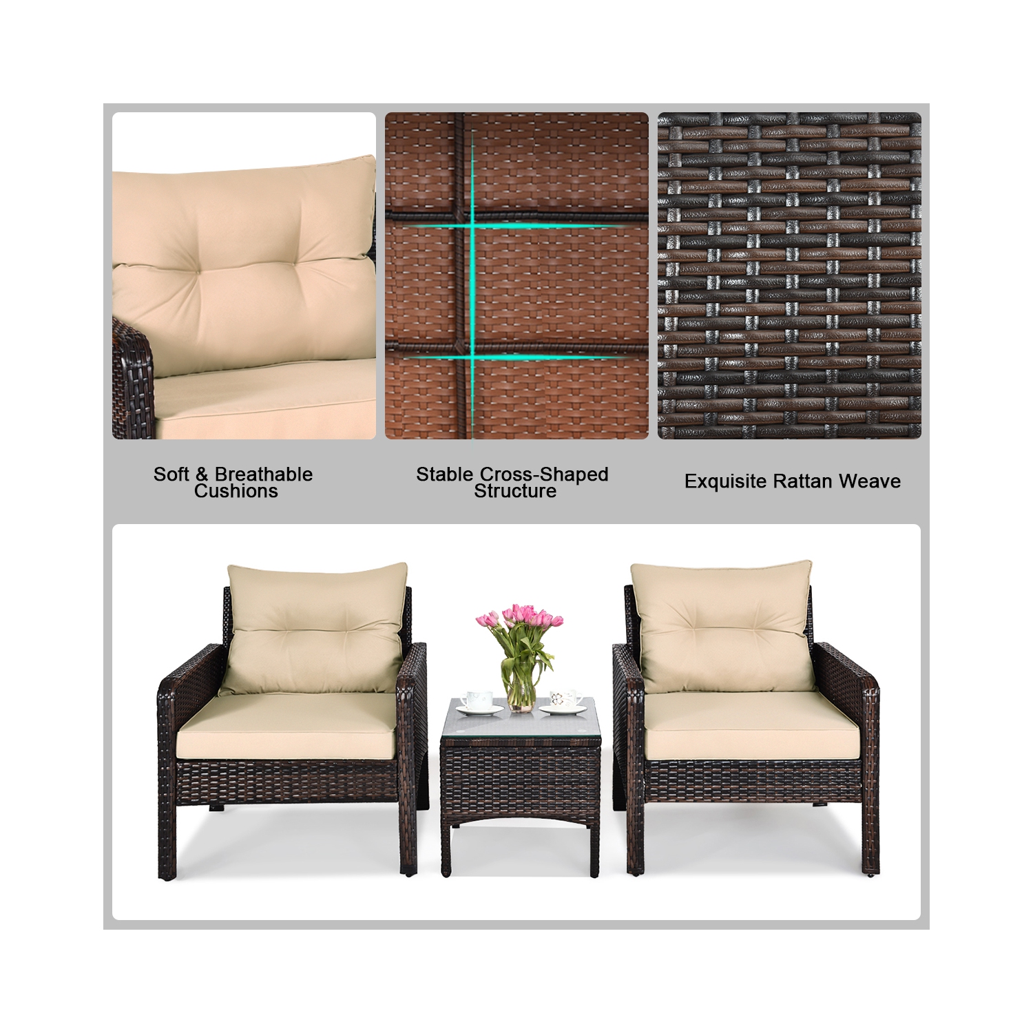 Gymax 3PCS Patio Outdoor Rattan Furniture Set w/ Cushioned Chairs Coffee Table