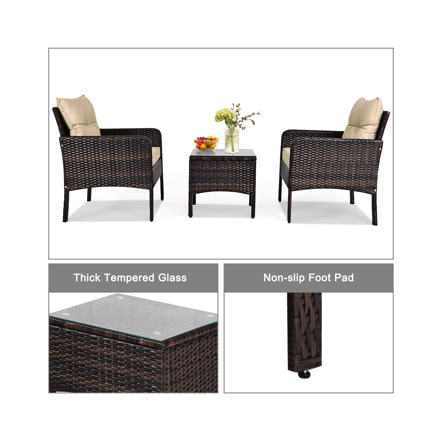 Gymax 3PCS Patio Outdoor Rattan Furniture Set w/ Cushioned Chairs Coffee Table