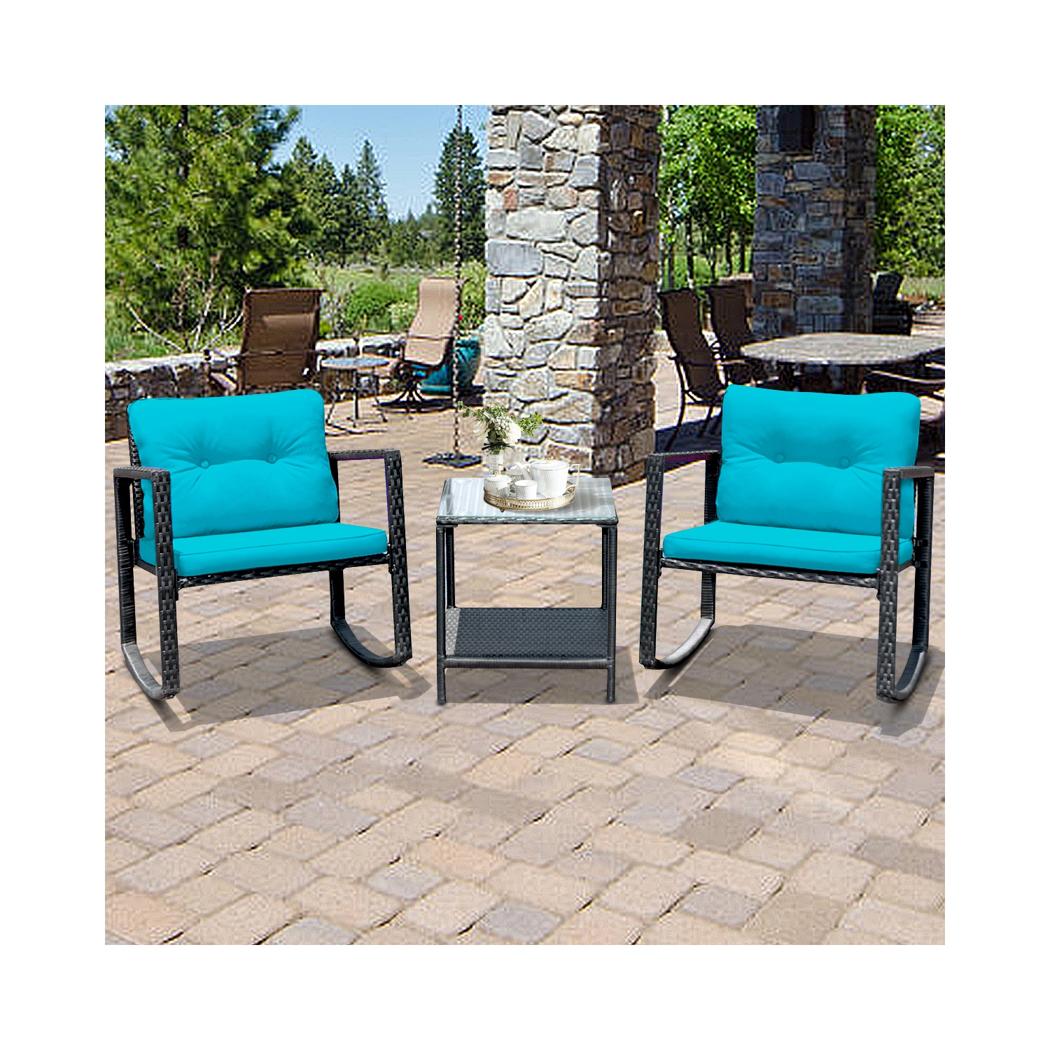 Gymax 3PCS Rattan Rocking Chair Table Set Patio Furniture Set w/ Blue Cushions
