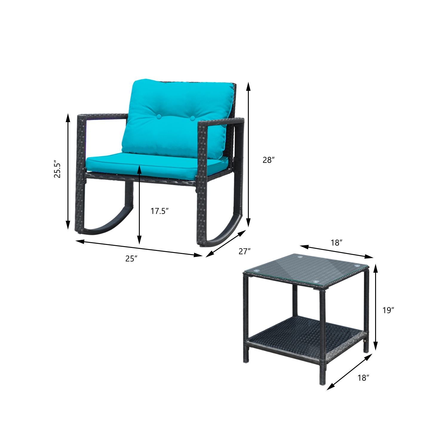 Gymax 3PCS Rattan Rocking Chair Table Set Patio Furniture Set w/ Blue Cushions