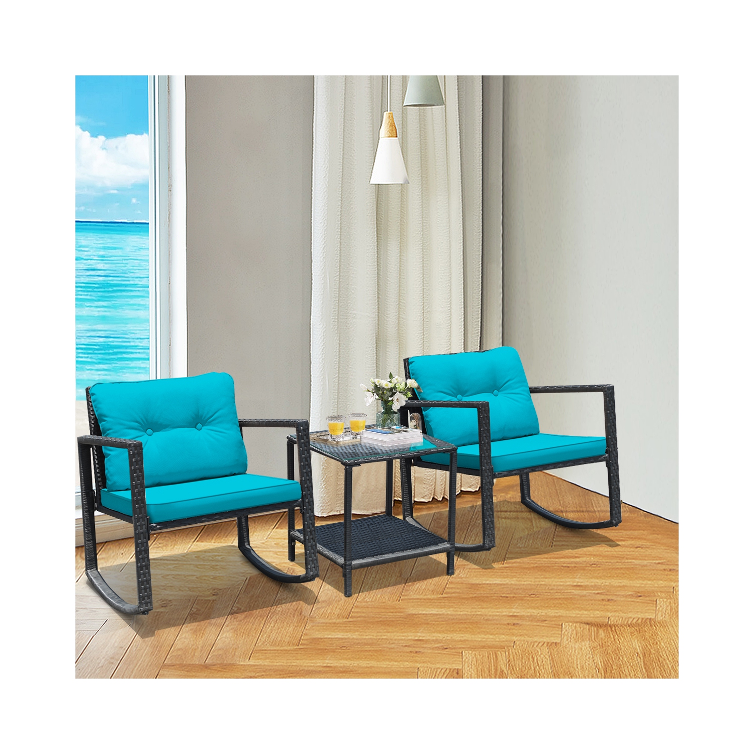 Gymax 3PCS Rattan Rocking Chair Table Set Patio Furniture Set w/ Blue Cushions