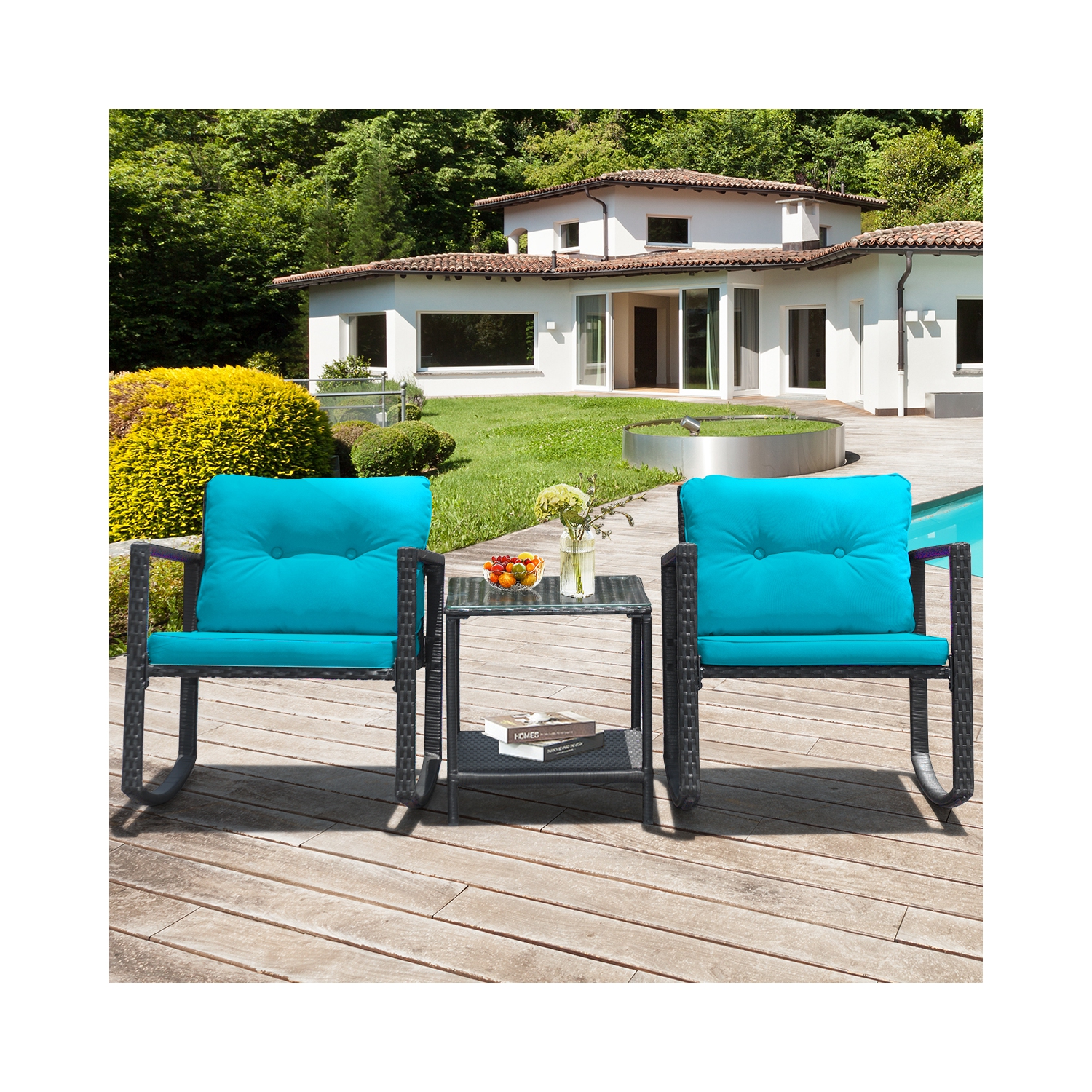 Gymax 3PCS Rattan Rocking Chair Table Set Patio Furniture Set w/ Blue Cushions