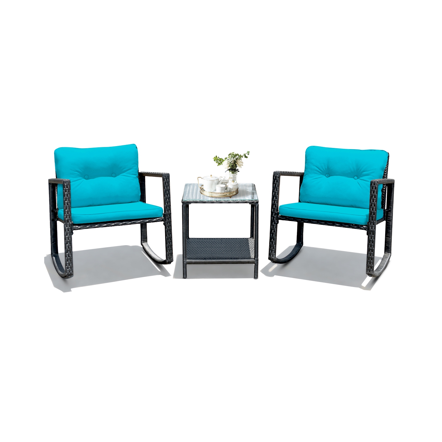 Gymax 3PCS Rattan Rocking Chair Table Set Patio Furniture Set w/ Blue Cushions