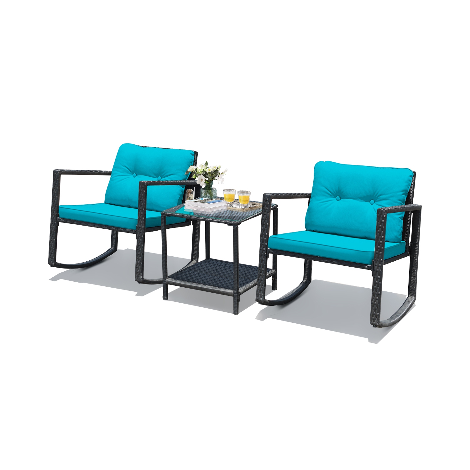 Gymax 3PCS Rattan Rocking Chair Table Set Patio Furniture Set w/ Blue Cushions
