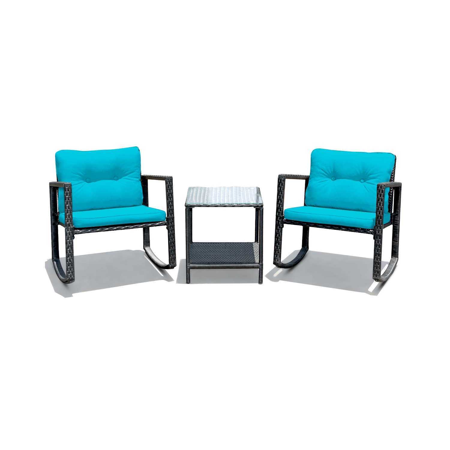 Gymax 3PCS Rattan Rocking Chair Table Set Patio Furniture Set w/ Blue Cushions