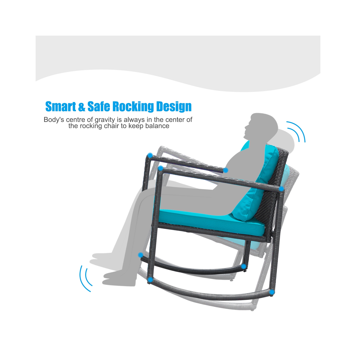 Gymax 3PCS Rattan Rocking Chair Table Set Patio Furniture Set w/ Blue Cushions