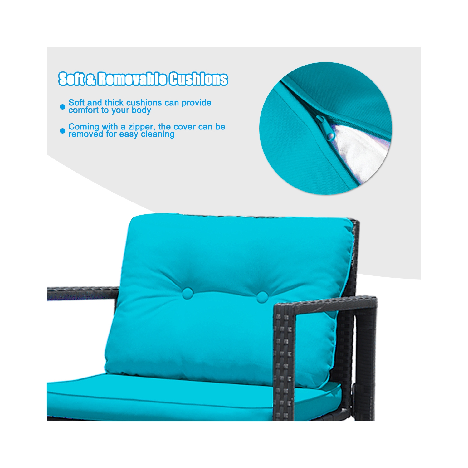 Gymax 3PCS Rattan Rocking Chair Table Set Patio Furniture Set w/ Blue Cushions