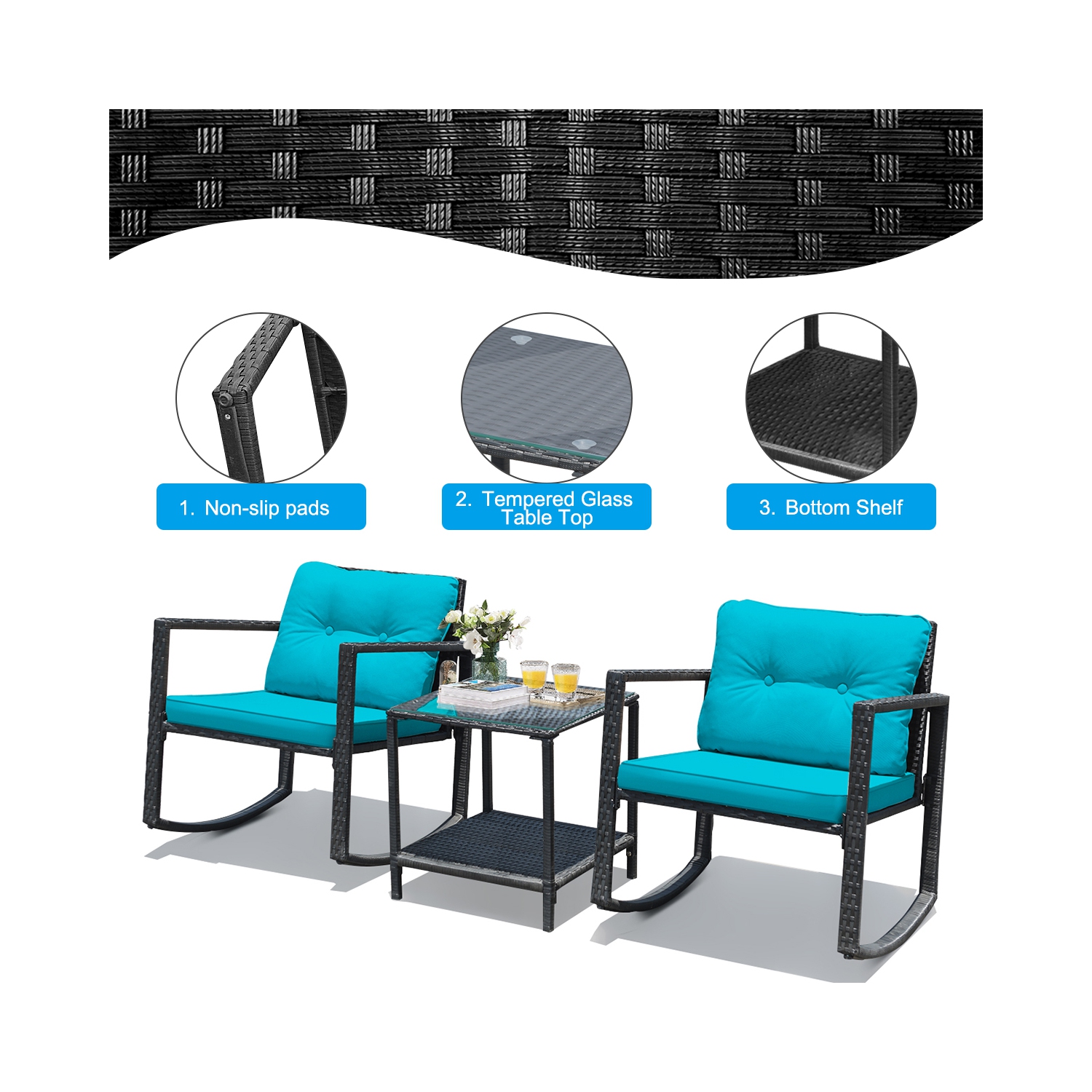 Gymax 3PCS Rattan Rocking Chair Table Set Patio Furniture Set w/ Blue Cushions
