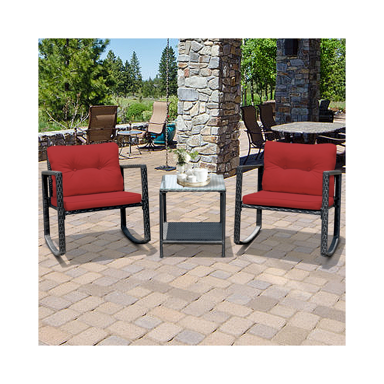 Gymax 3PCS Rattan Rocking Chair Table Set Patio Furniture Set w/ Burgundy Cushions