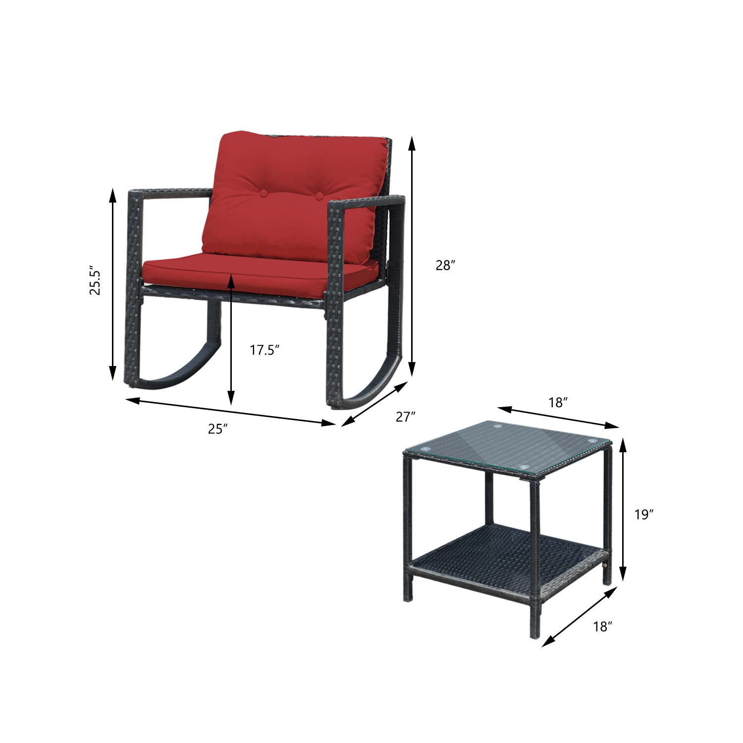 Gymax 3PCS Rattan Rocking Chair Table Set Patio Furniture Set w/ Burgundy Cushions