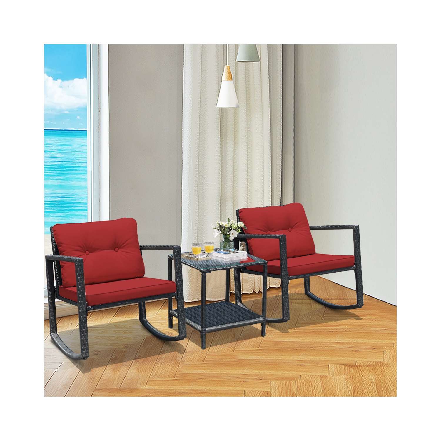 Gymax 3PCS Rattan Rocking Chair Table Set Patio Furniture Set w/ Burgundy Cushions