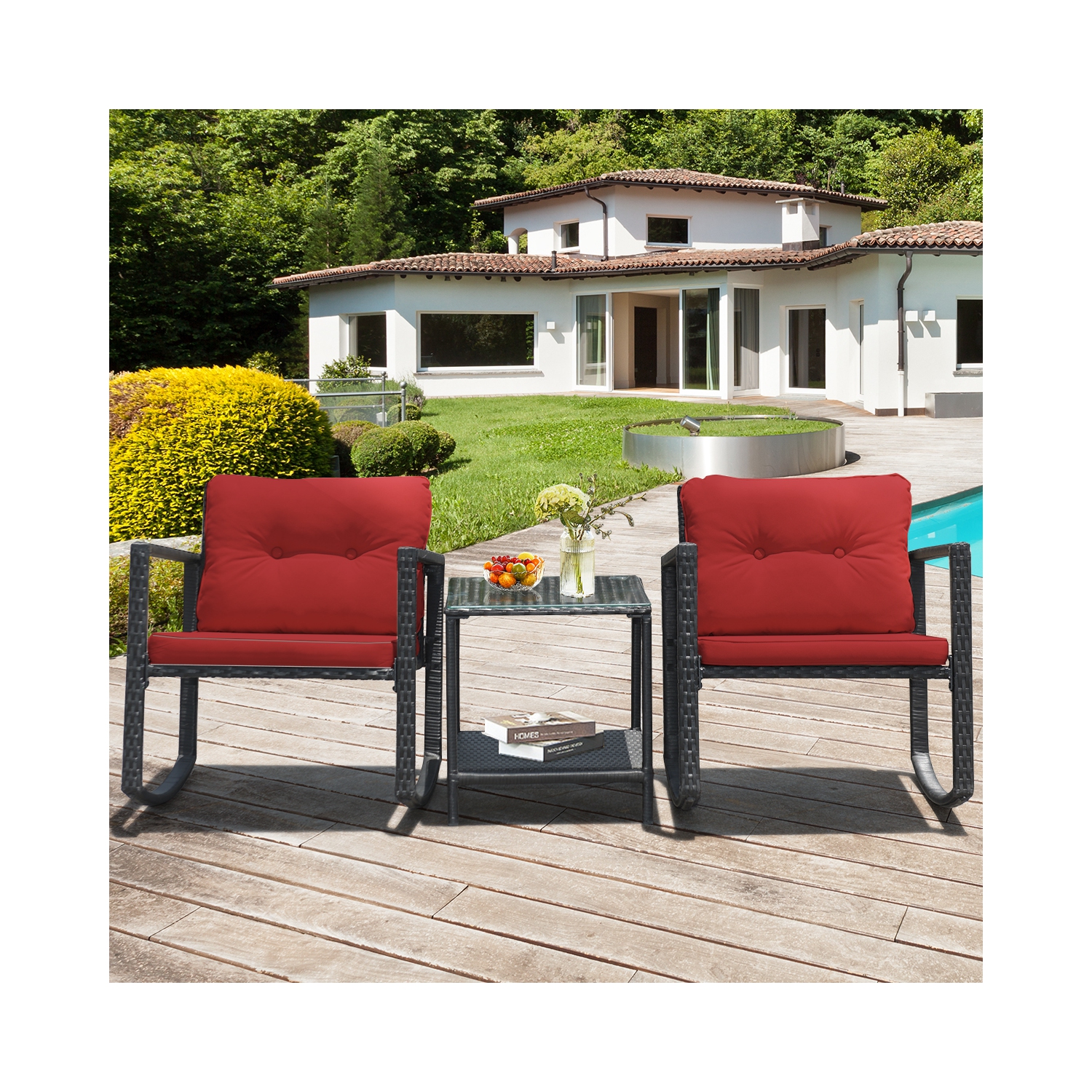 Gymax 3PCS Rattan Rocking Chair Table Set Patio Furniture Set w/ Burgundy Cushions