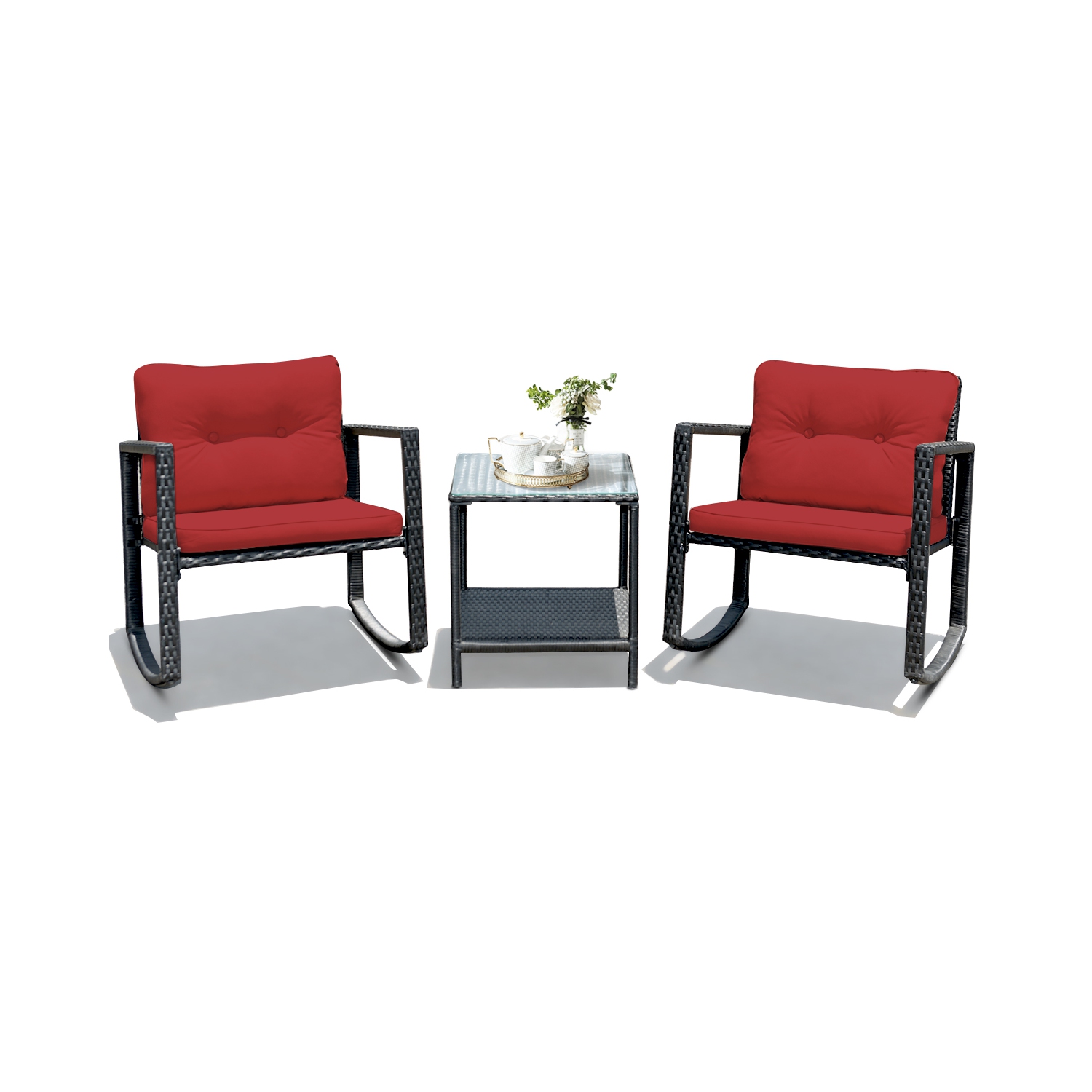 Gymax 3PCS Rattan Rocking Chair Table Set Patio Furniture Set w/ Burgundy Cushions