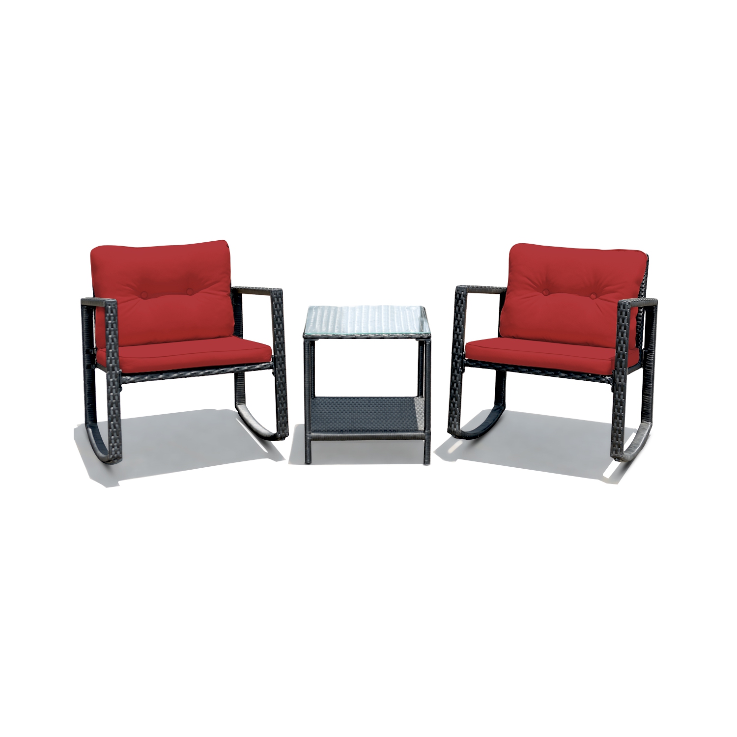 Gymax 3PCS Rattan Rocking Chair Table Set Patio Furniture Set w/ Burgundy Cushions