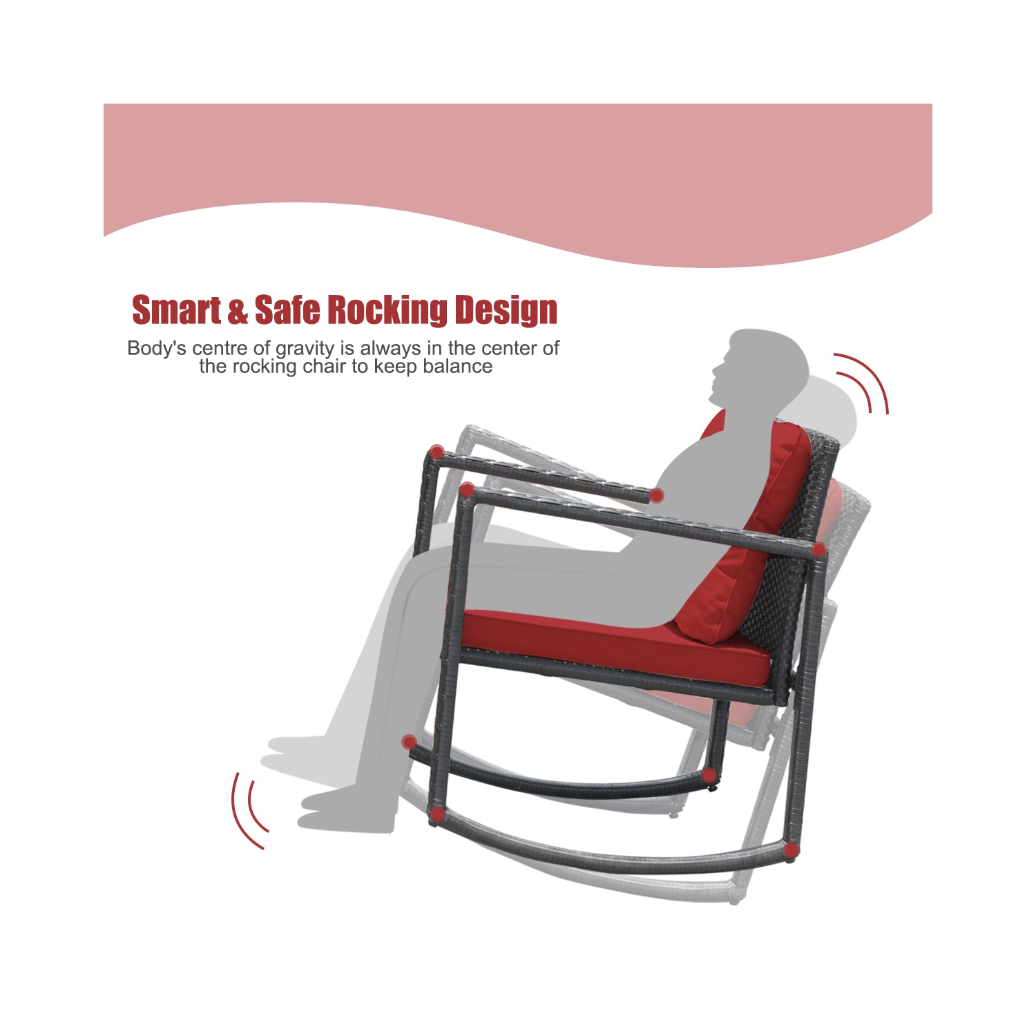 Gymax 3PCS Rattan Rocking Chair Table Set Patio Furniture Set w/ Burgundy Cushions