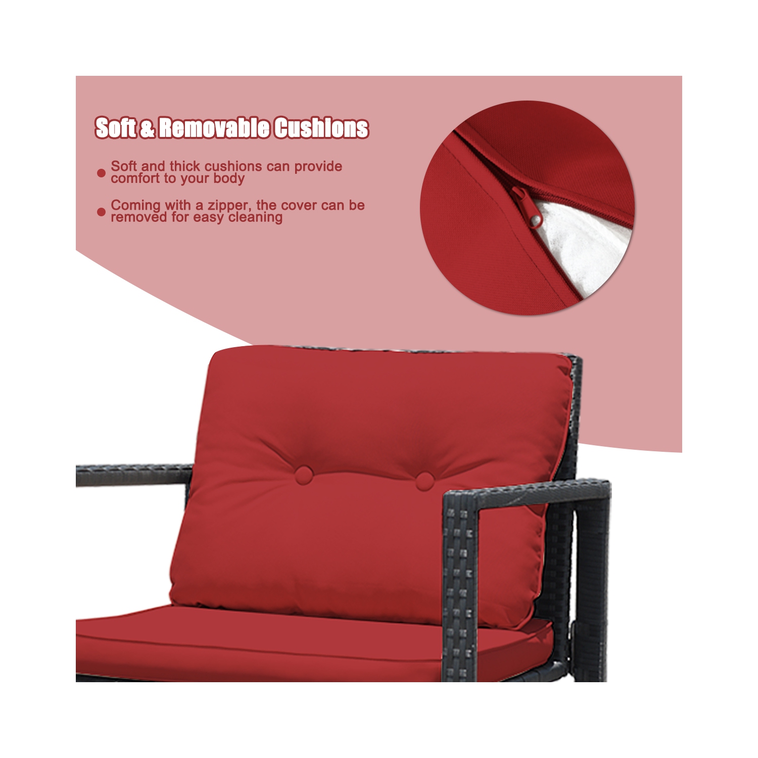 Gymax 3PCS Rattan Rocking Chair Table Set Patio Furniture Set w/ Burgundy Cushions