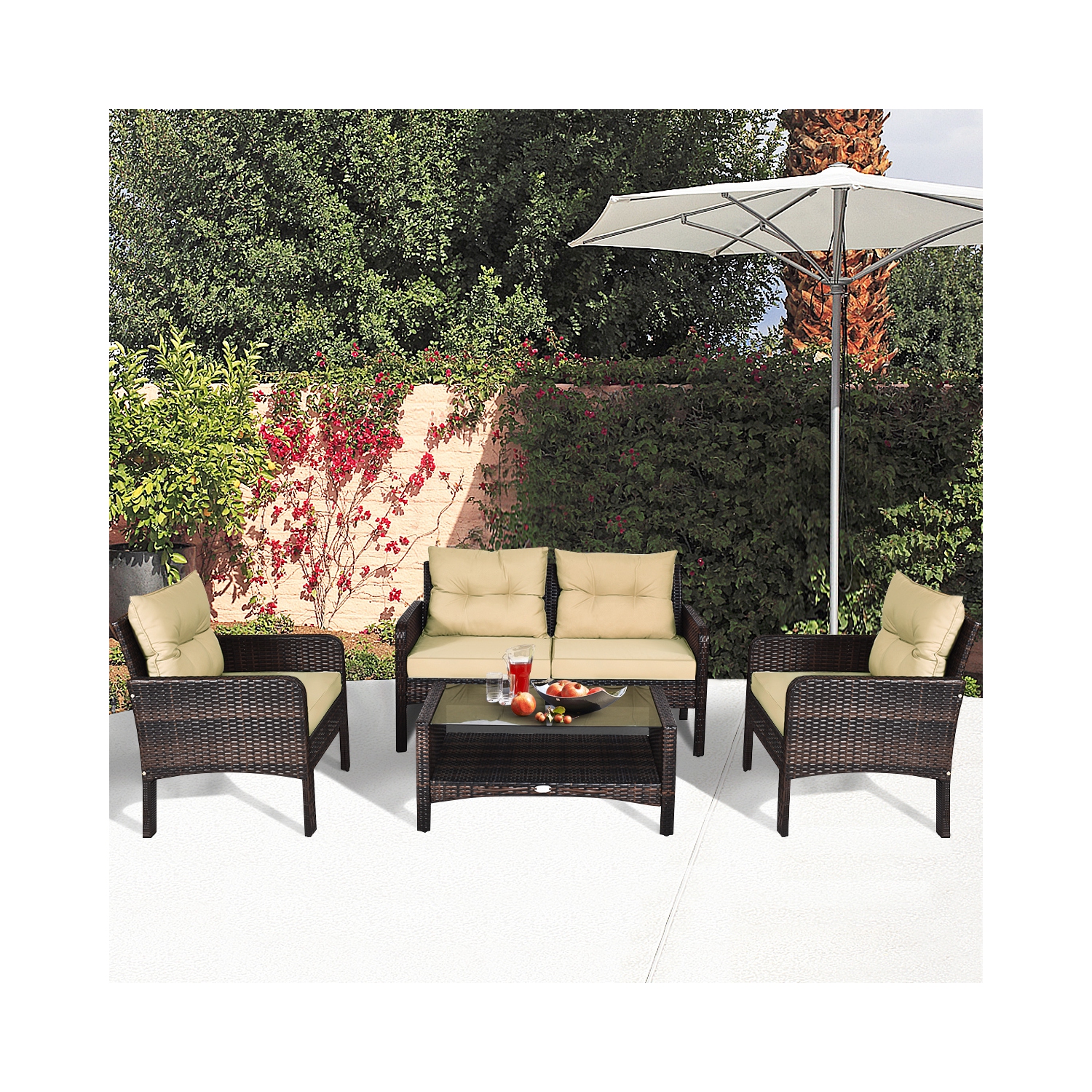 Gymax 4PCS Rattan Patio Conversation Set Cushioned Outdoor Furniture Set