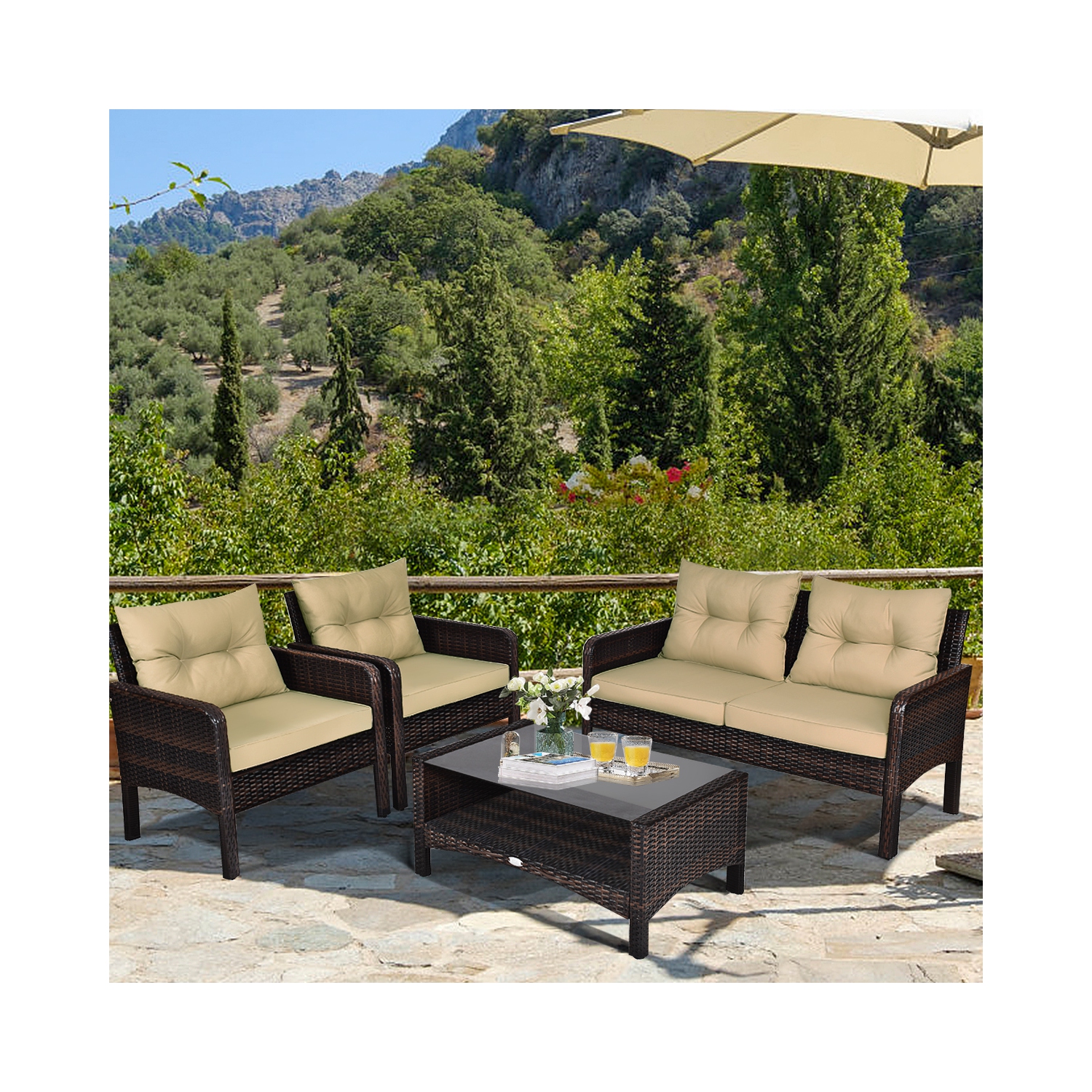 Gymax 4PCS Rattan Patio Conversation Set Cushioned Outdoor Furniture Set