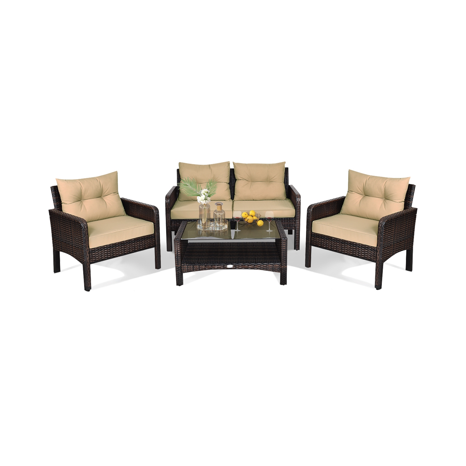 Gymax 4PCS Rattan Patio Conversation Set Cushioned Outdoor Furniture Set