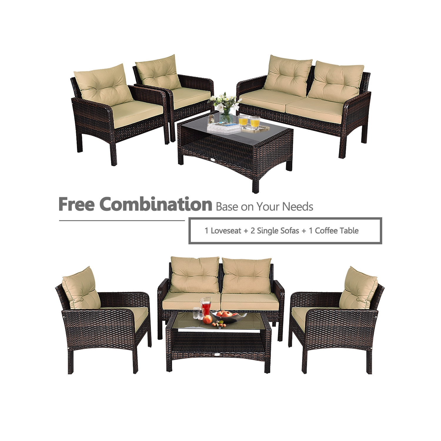 Gymax 4PCS Rattan Patio Conversation Set Cushioned Outdoor Furniture Set