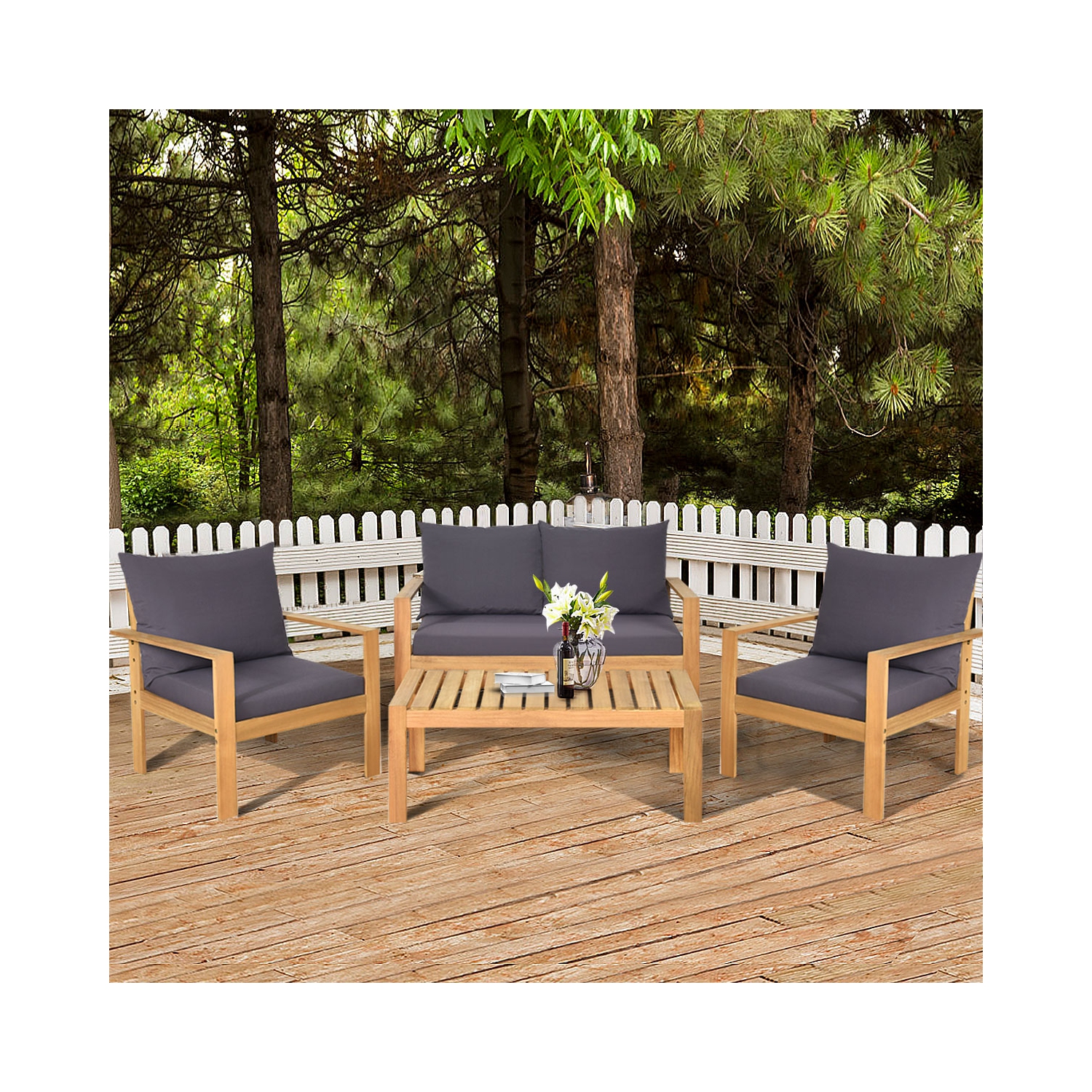 Gymax 4PCS Cushioned Wooden Conversation Set Patio Outdoor Furniture Set