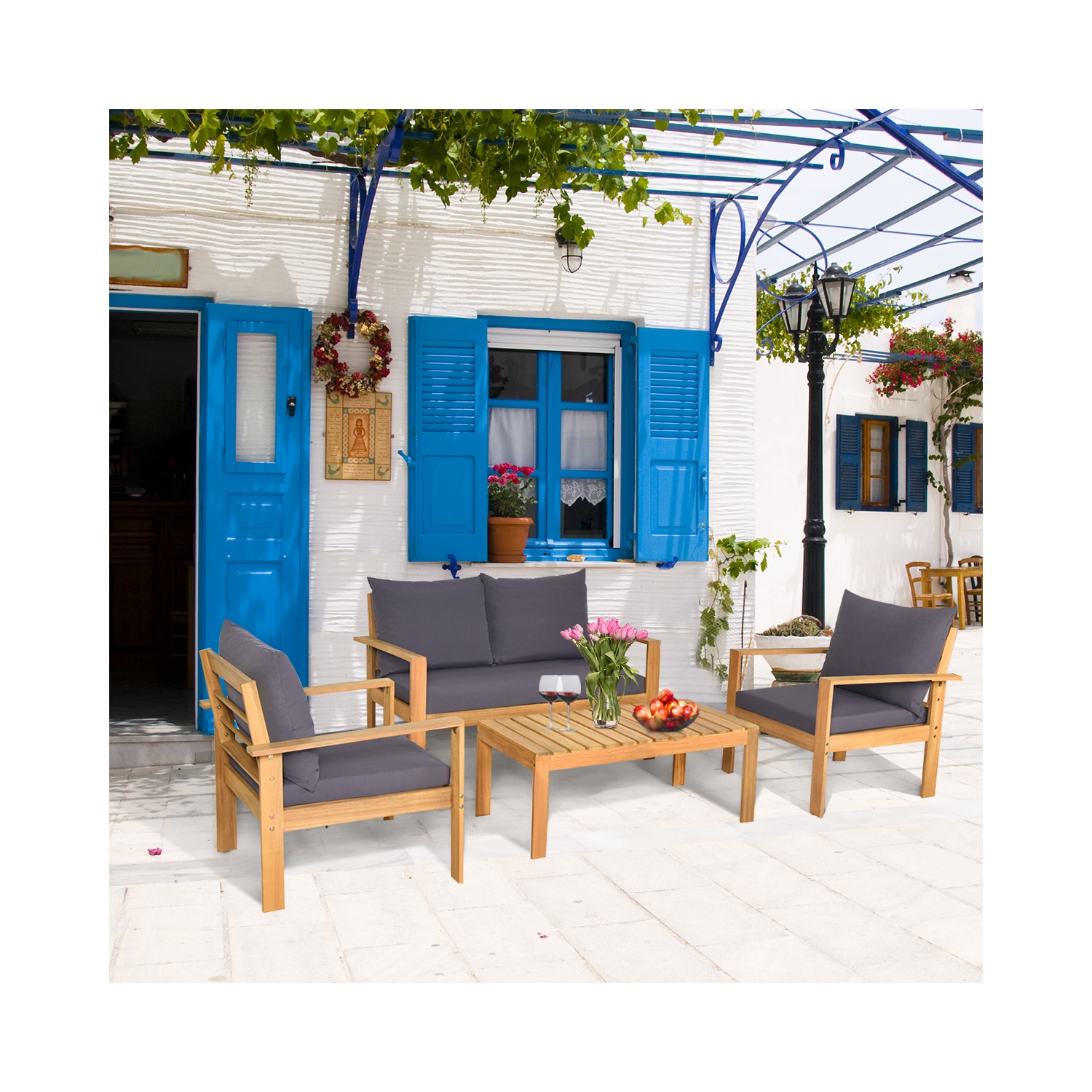 Gymax 4PCS Cushioned Wooden Conversation Set Patio Outdoor Furniture Set