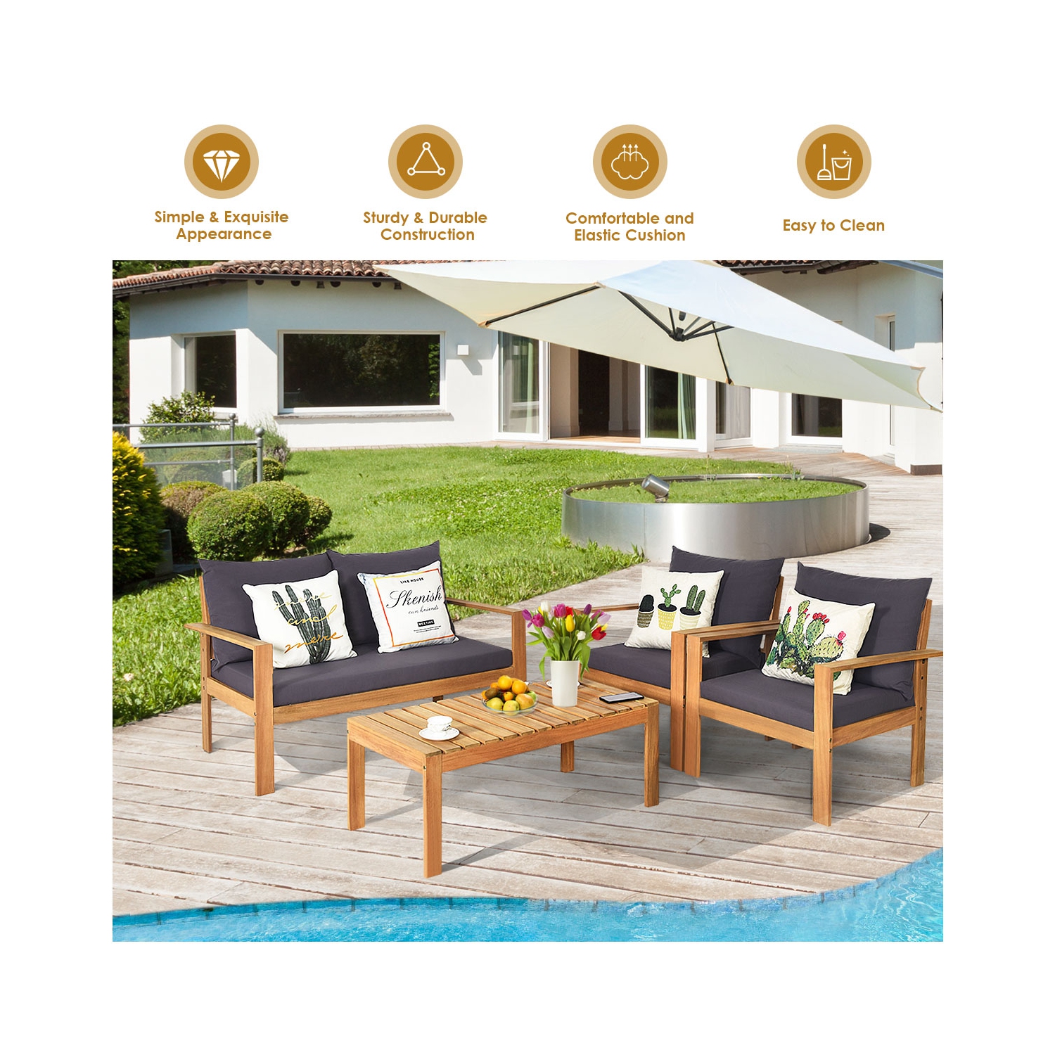Gymax 4PCS Cushioned Wooden Conversation Set Patio Outdoor Furniture Set