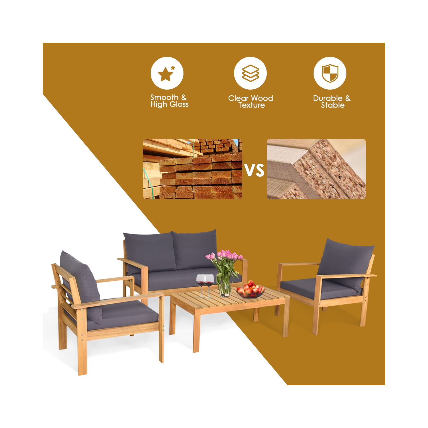 Gymax 4PCS Cushioned Wooden Conversation Set Patio Outdoor Furniture Set