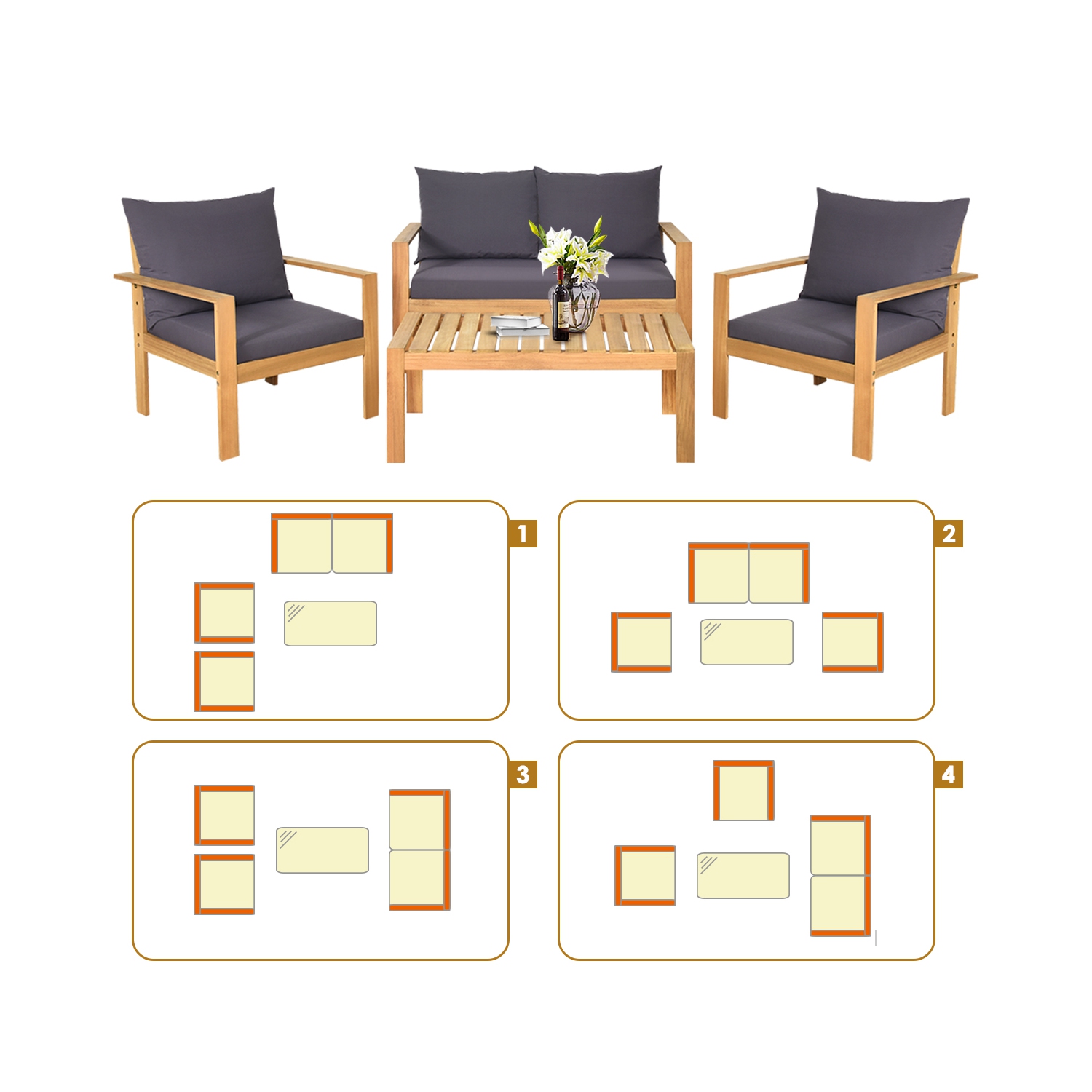 Gymax 4PCS Cushioned Wooden Conversation Set Patio Outdoor Furniture Set