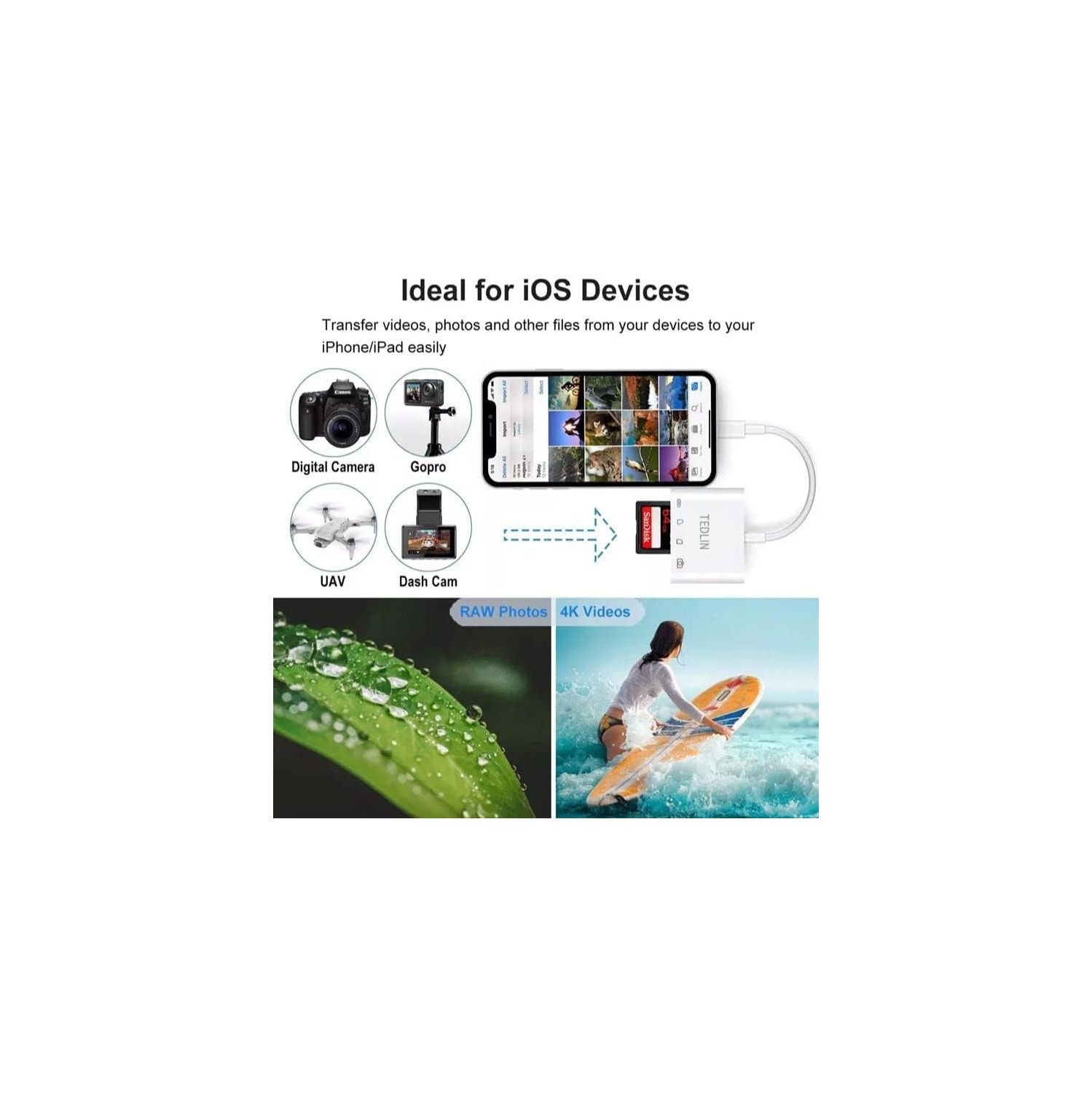 4-en-1 appareil photo Lightning vers USB lecteur de carte SD TF pour iPhone iPod iPad - expédition gratuite