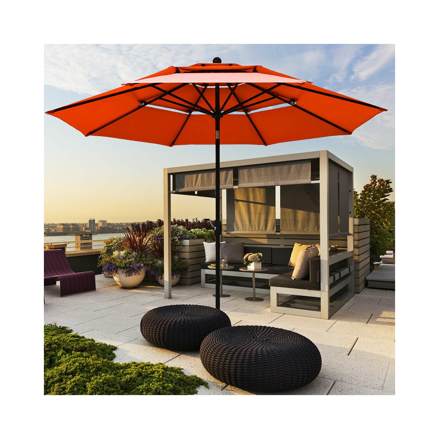 Gymax 10ft 3 Tier Patio Market Umbrella Aluminum Sunshade Shelter Double Vented Orange