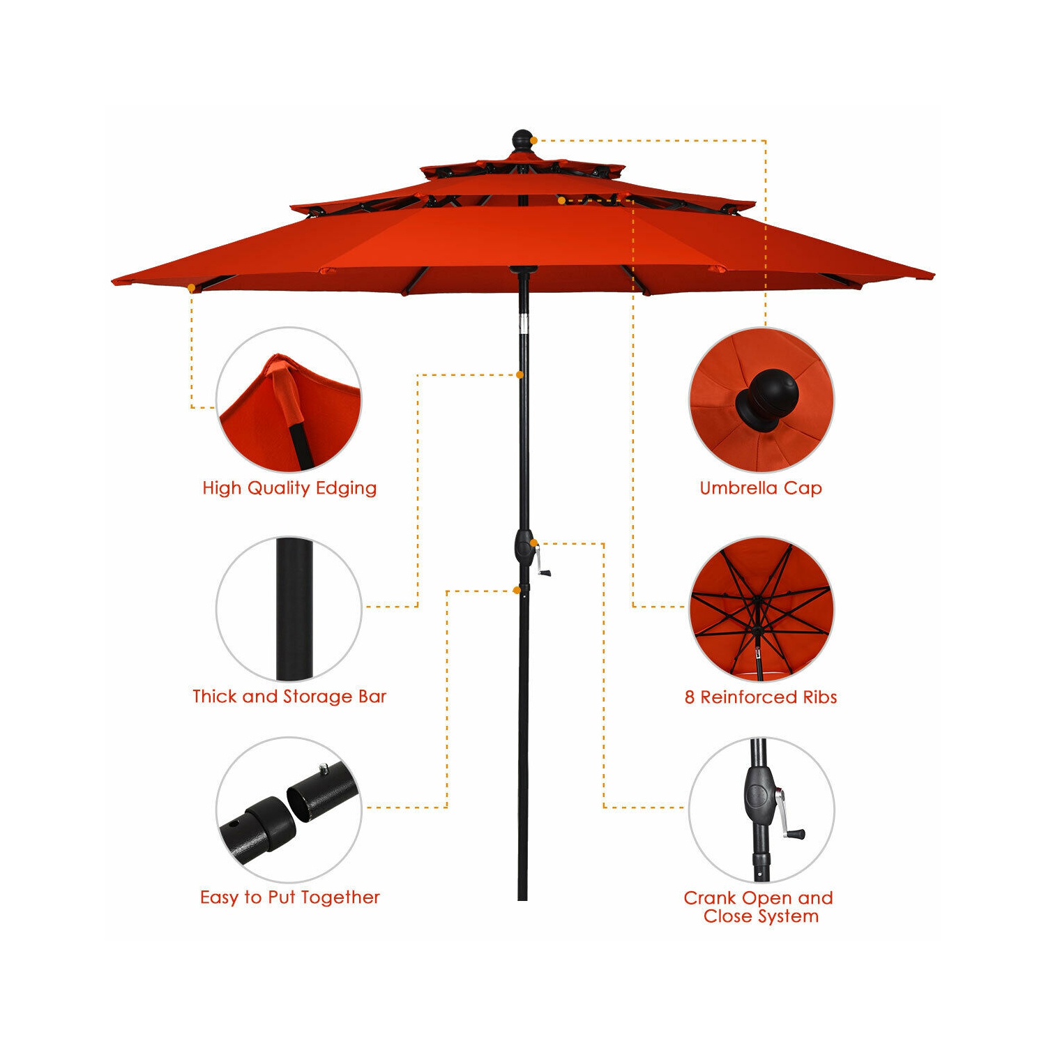 Gymax 10ft 3 Tier Patio Market Umbrella Aluminum Sunshade Shelter Double Vented Orange