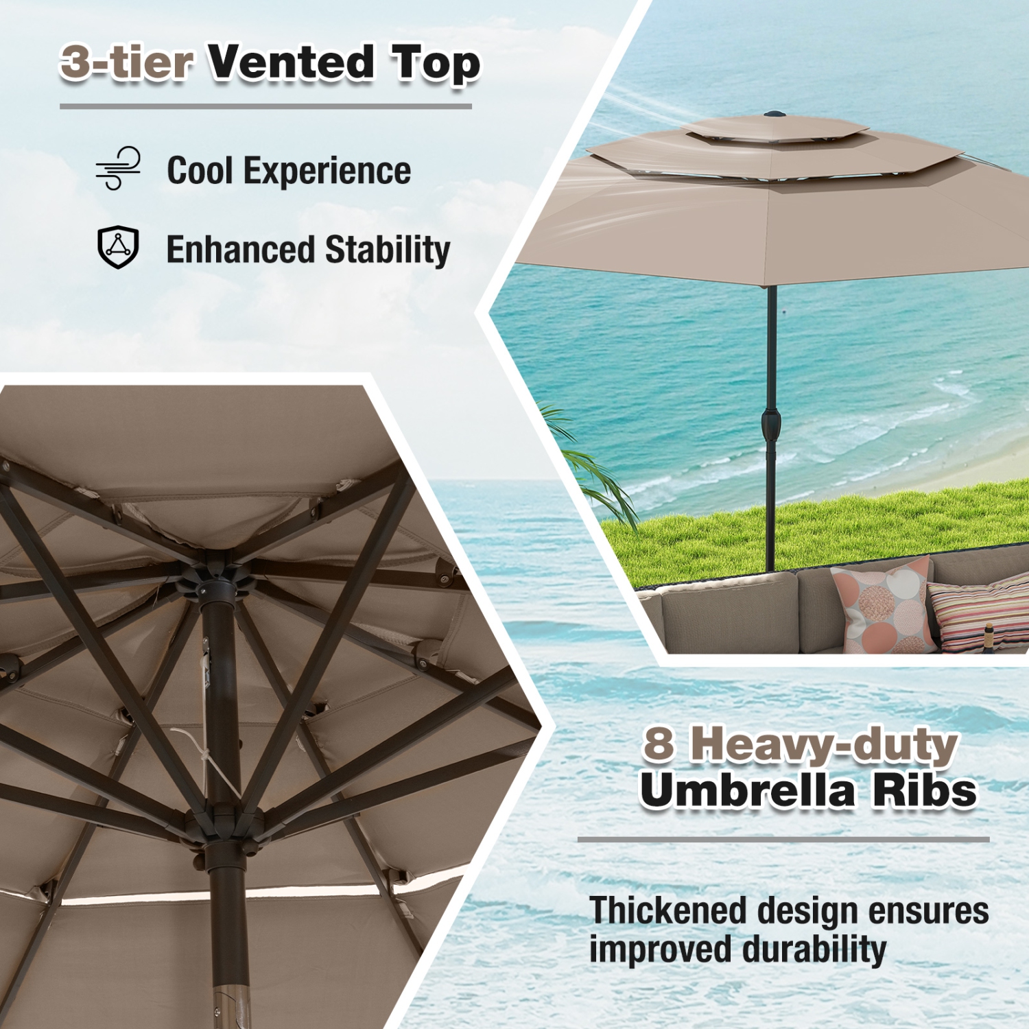Gymax 10ft 3 Tier Patio Market Umbrella Aluminum Sunshade Shelter Double Vented Tan